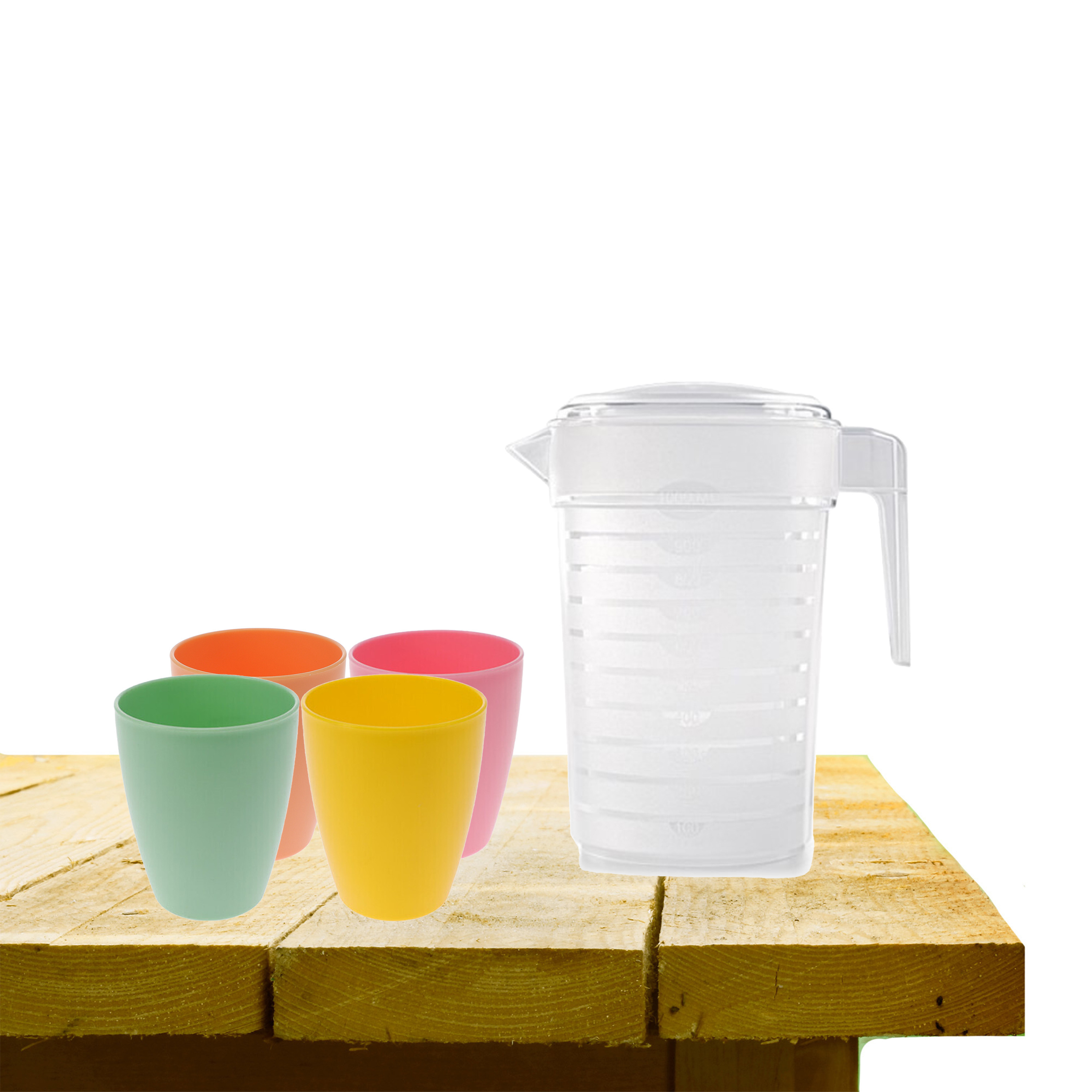 Forte Plastics Set van 1x waterkan 1 liter met 4x drinkbekers kunststof gekleurd -