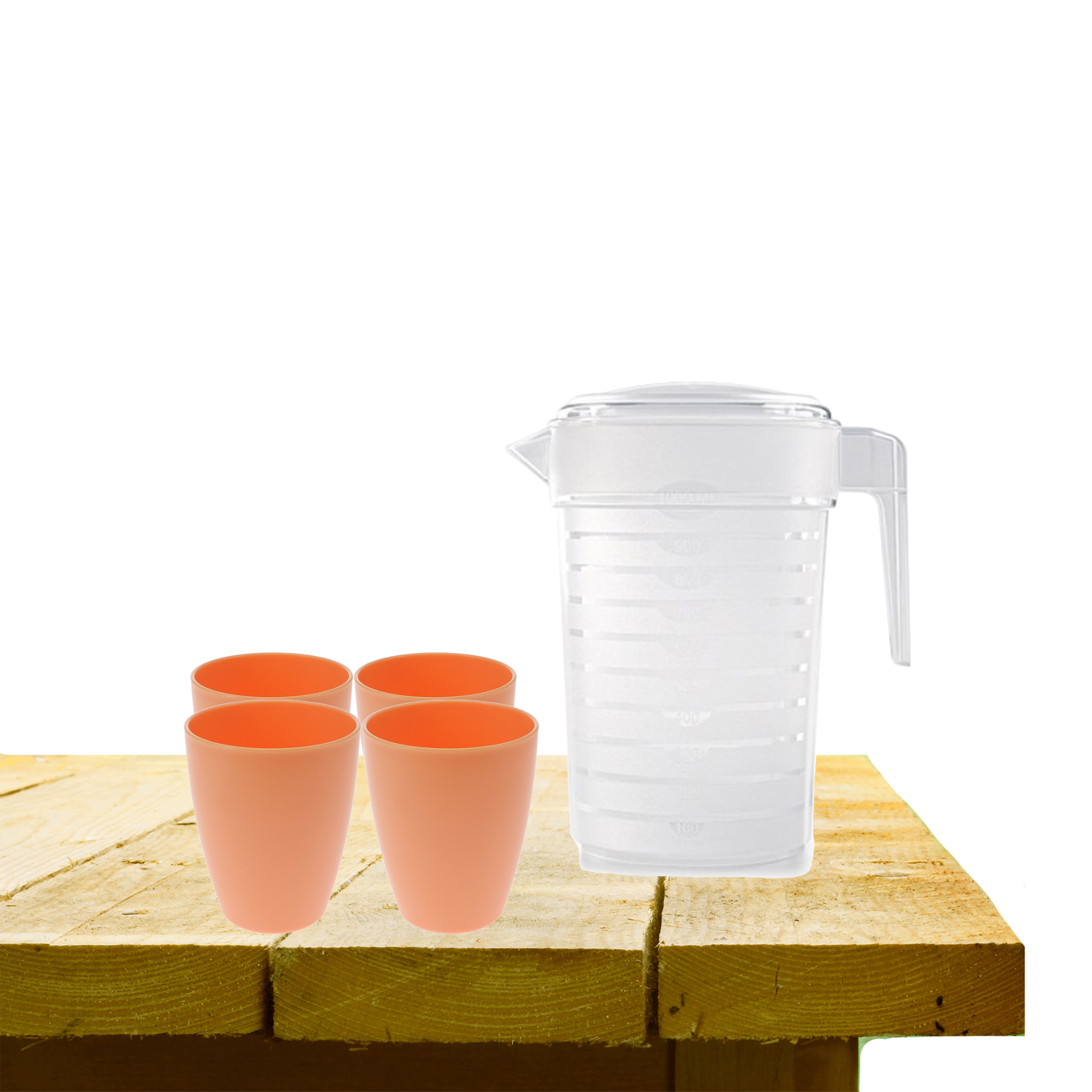Forte Plastics Set van 1x waterkan 1 liter met 4x drinkbekers kunststof oranje -