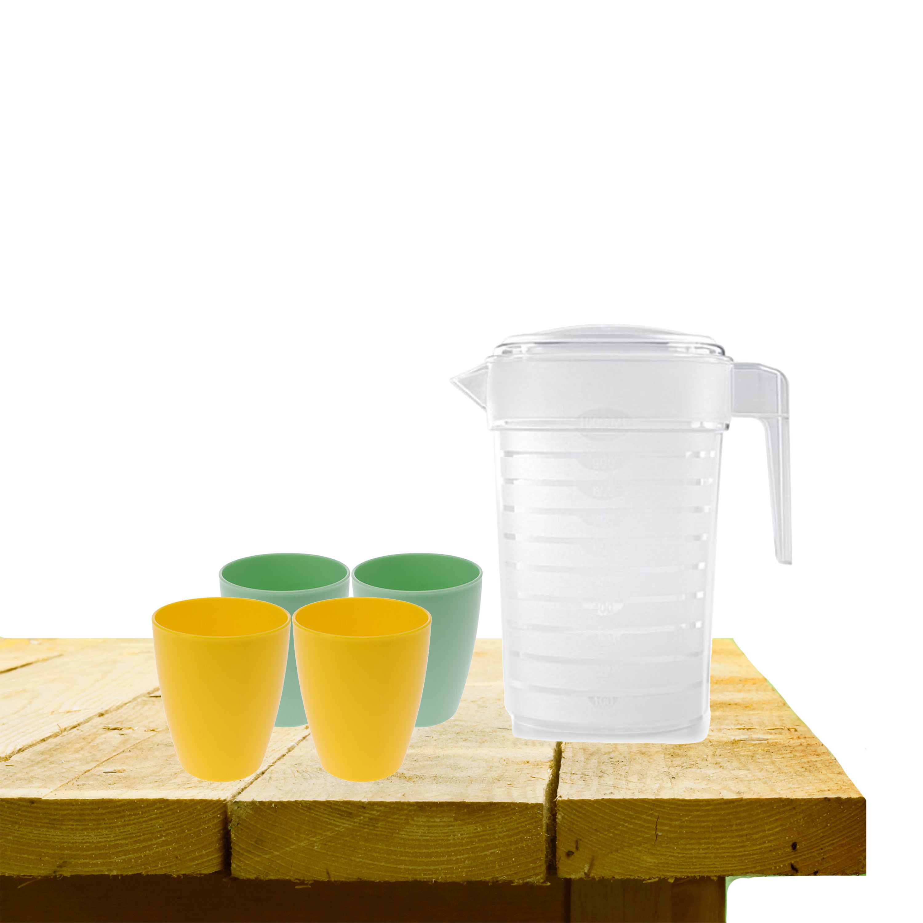 Set van 1x waterkan 1 liter met drinkbekers 2x geel en 2x groen