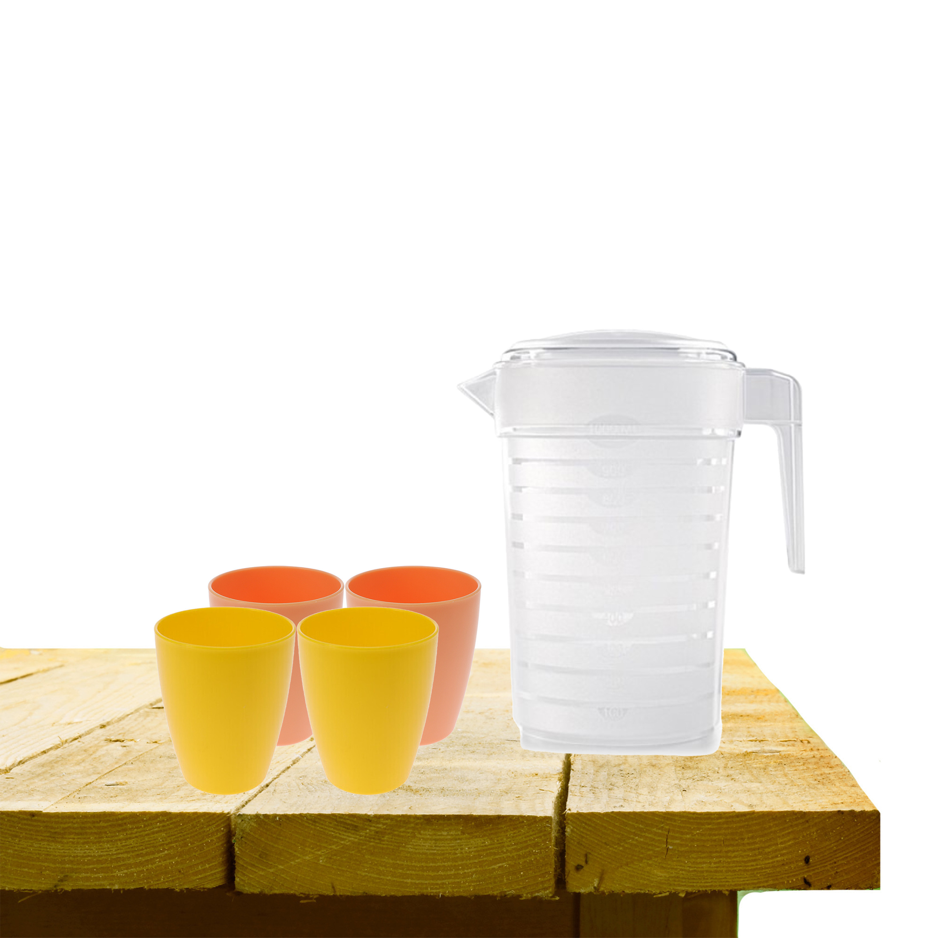 Set van 1x waterkan 1 liter met drinkbekers 2x geel en 2x oranje