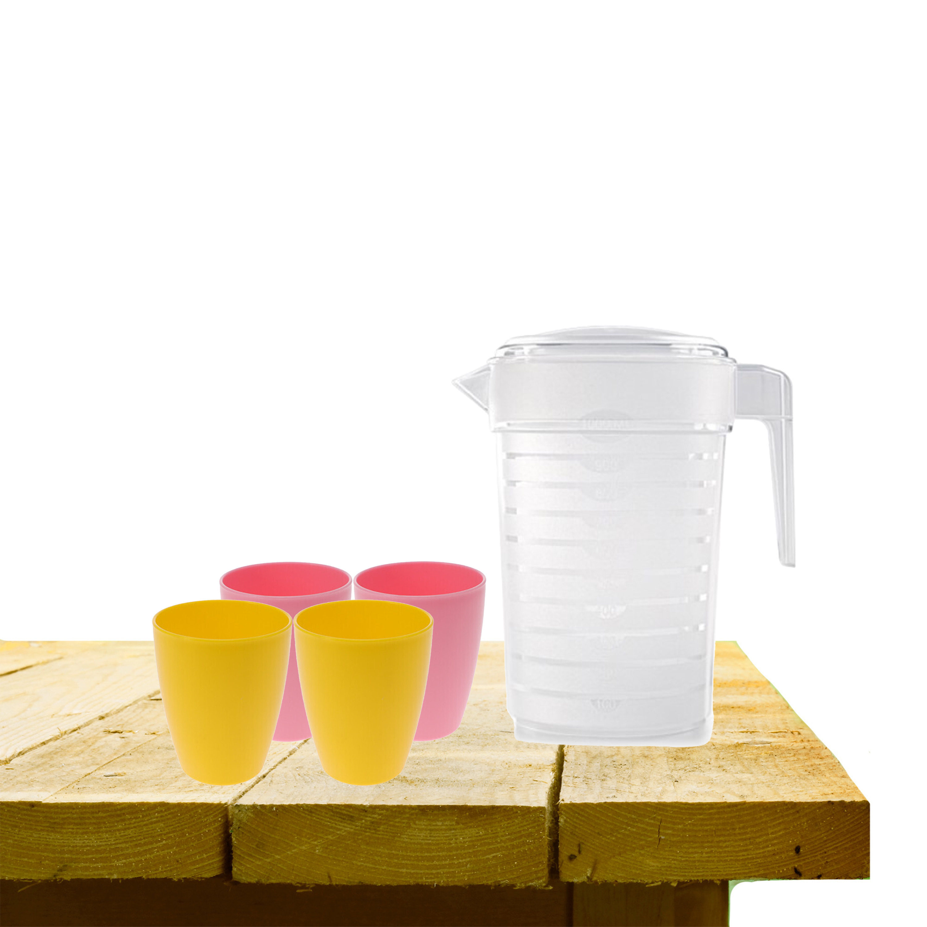 Set van 1x waterkan 1 liter met drinkbekers 2x roze en 2x geel