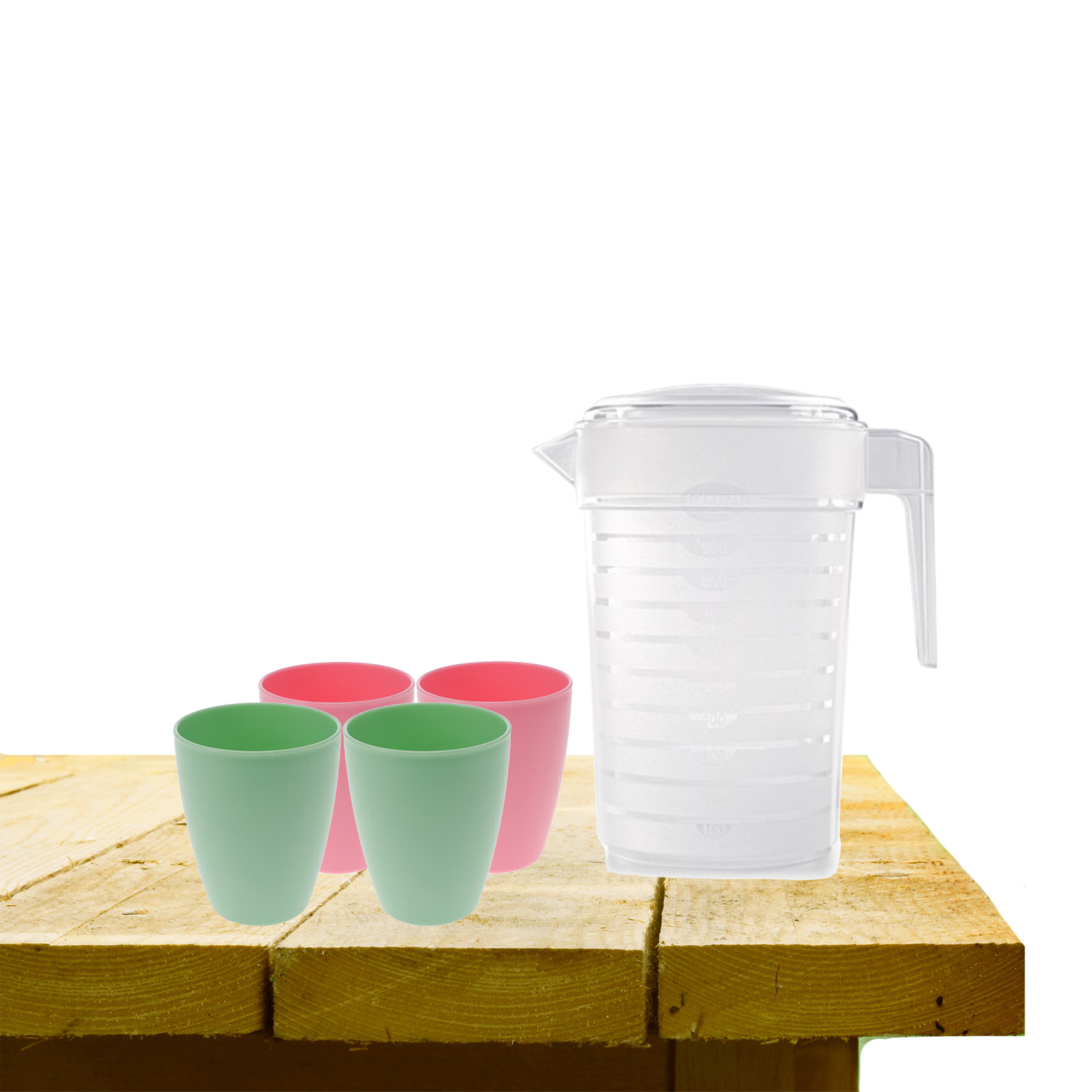 Set van 1x waterkan 1 liter met drinkbekers 2x roze en 2x groen