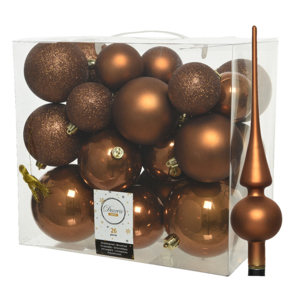 Set van 26x stuks kunststof kerstballen incl. glazen piek mat kaneel bruin -