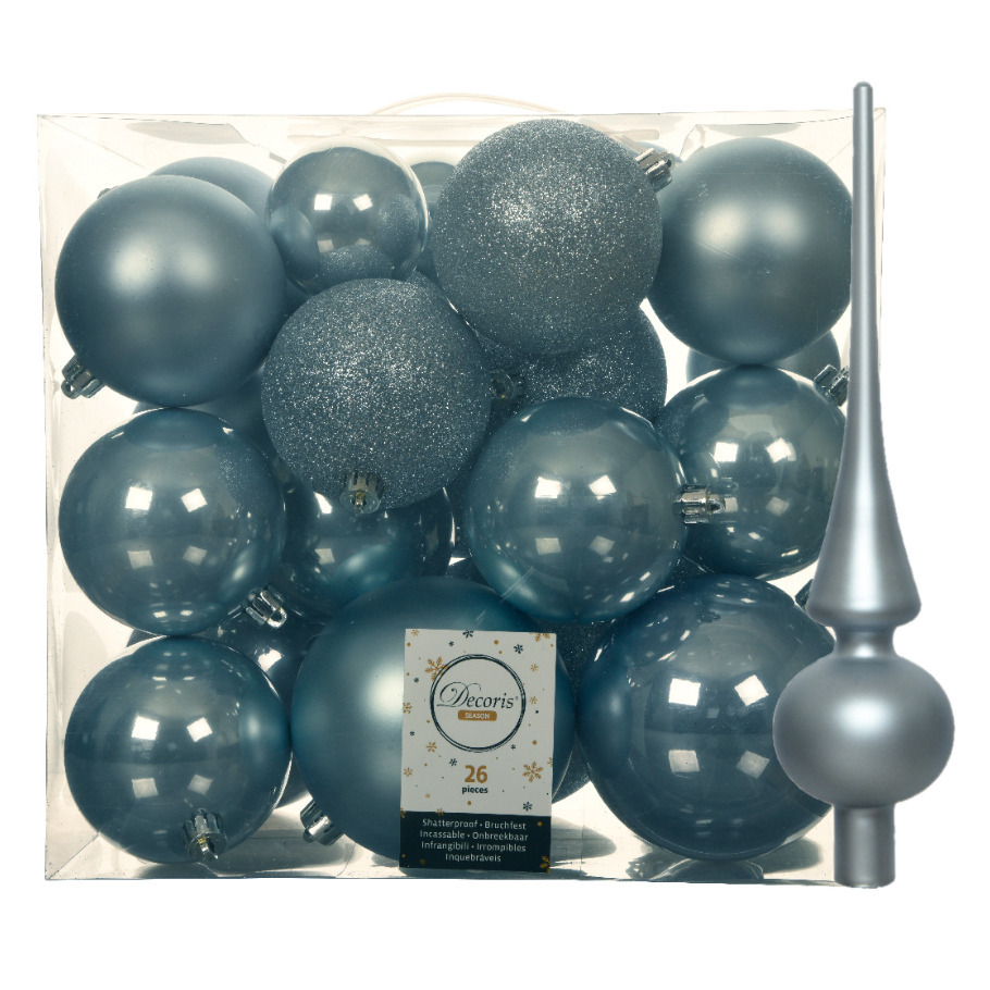 Set van 26x stuks kunststof kerstballen incl. glazen piek mat lichtblauw