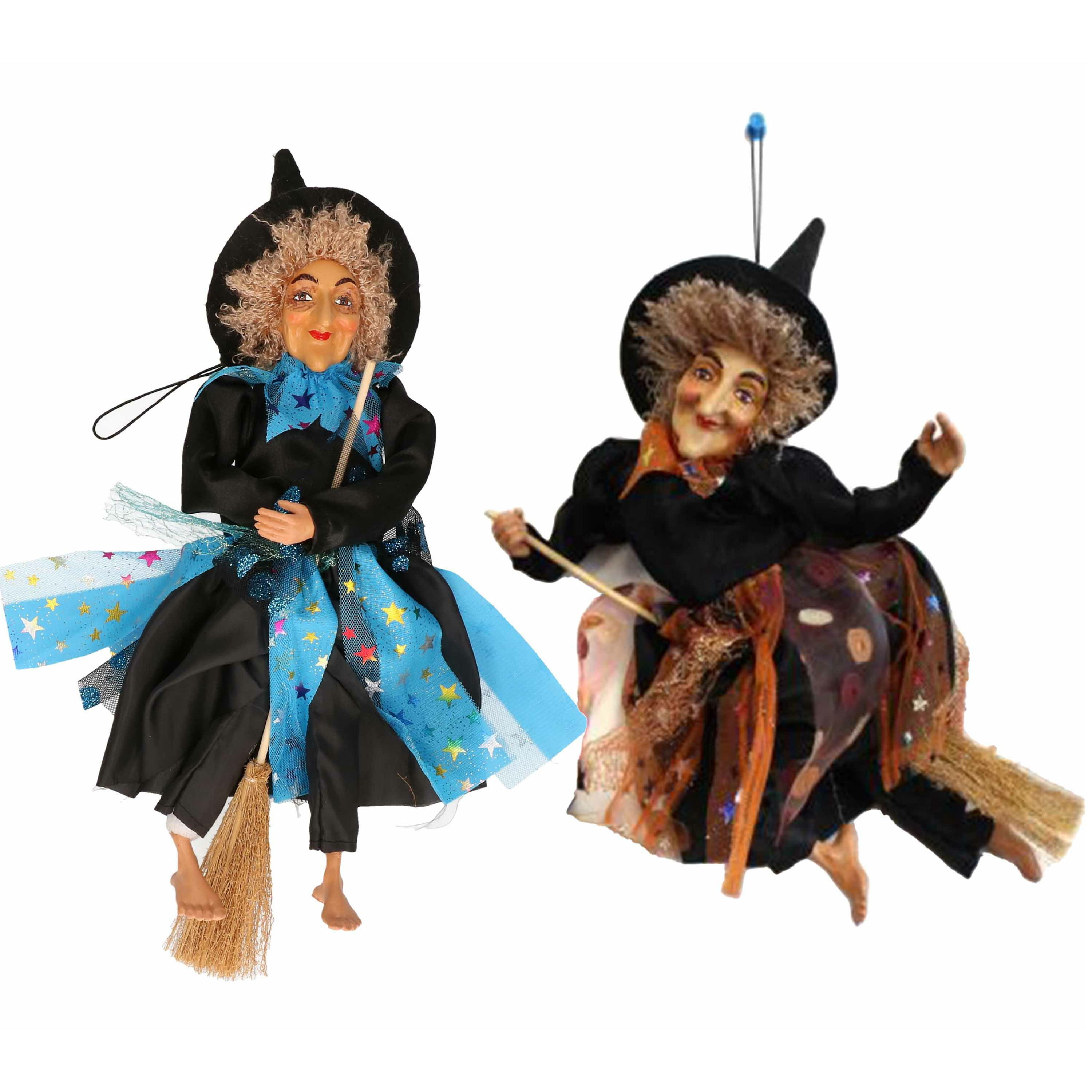 Set van 2x Halloween decoratie heksen pop op bezem - 30 cm - blauw/bruin