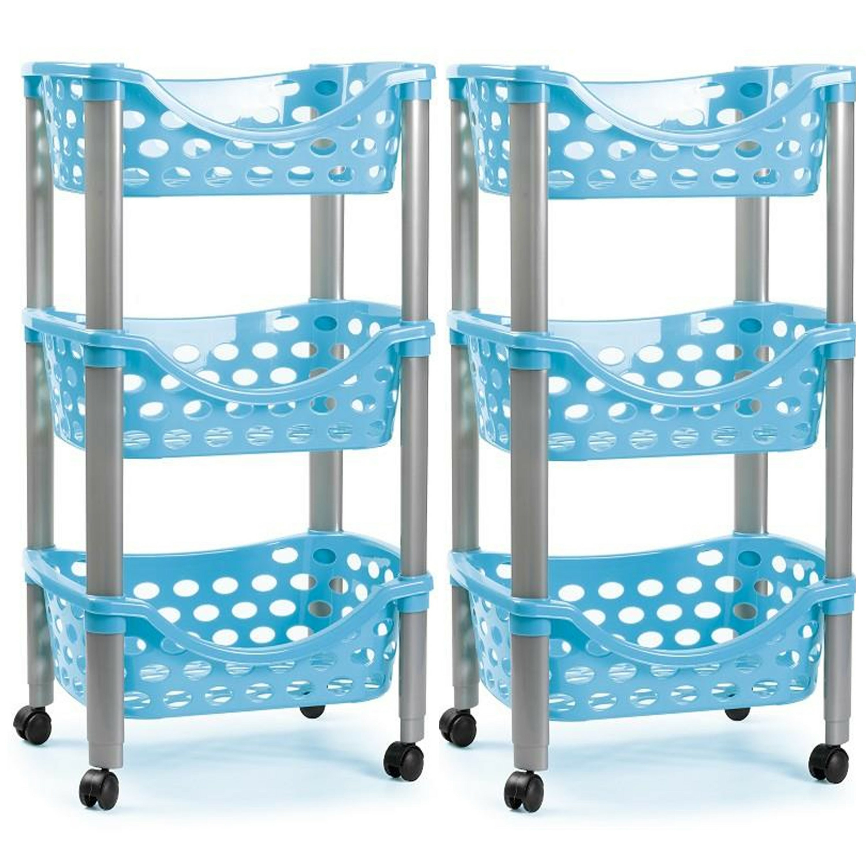 Set van 2x keukentrolley-roltafel 3 laags kunststof blauw 40 x 65 cm