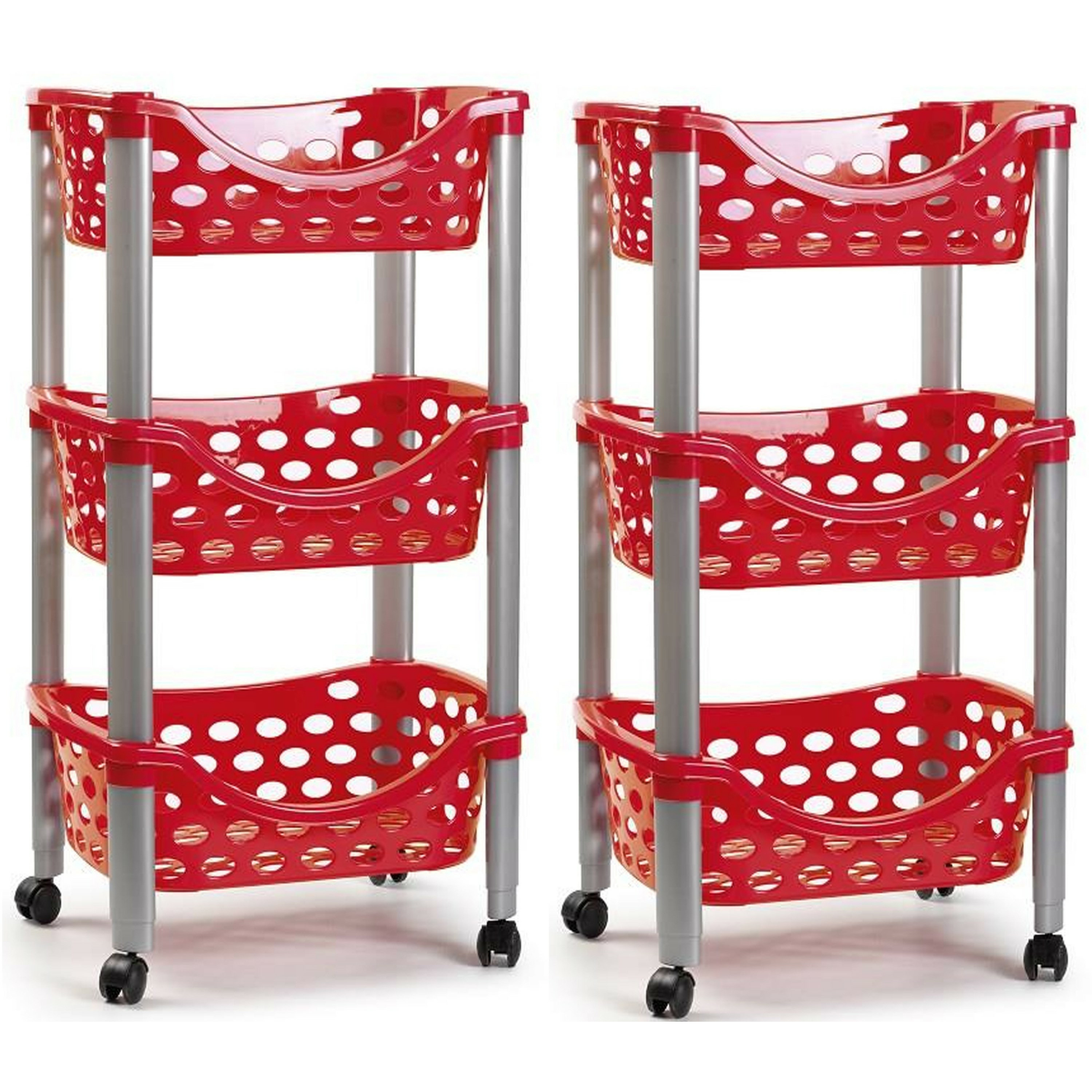 Set van 2x keukentrolley-roltafel 3 laags kunststof rood 40 x 65 cm