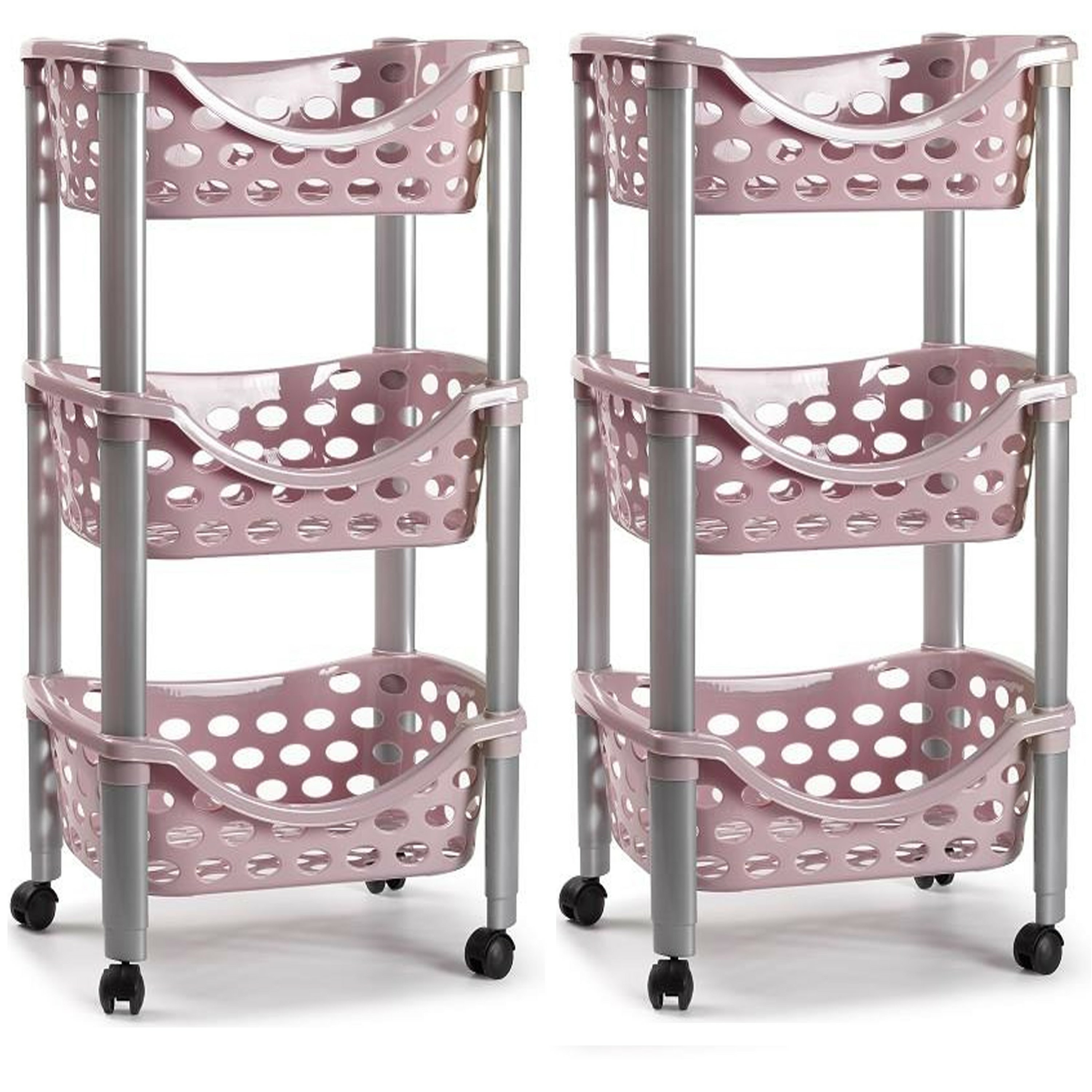 Set van 2x keukentrolley-roltafel 3 laags kunststof roze 40 x 65 cm
