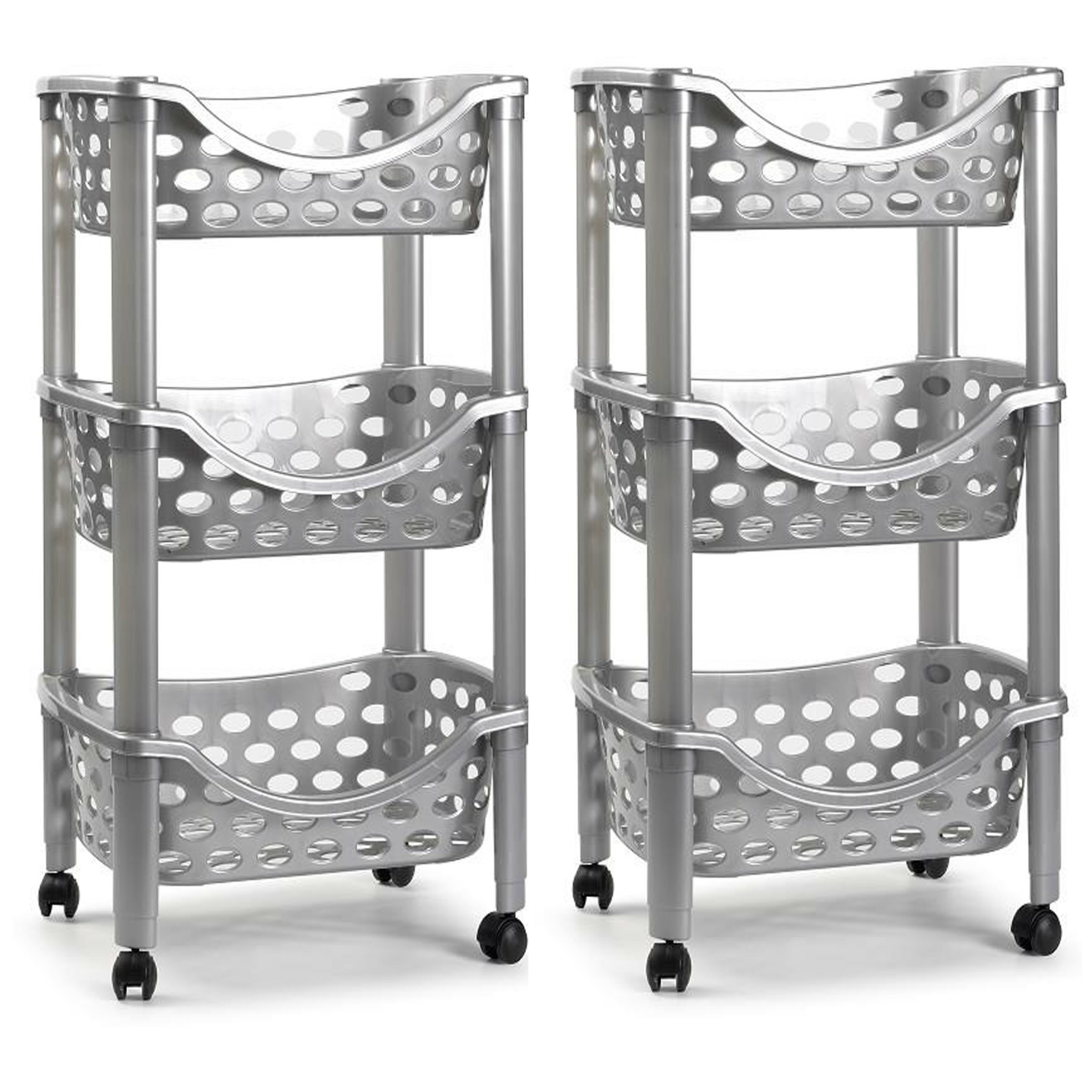 Set van 2x keukentrolley-roltafel 3 laags kunststof zilver 40 x 65 cm