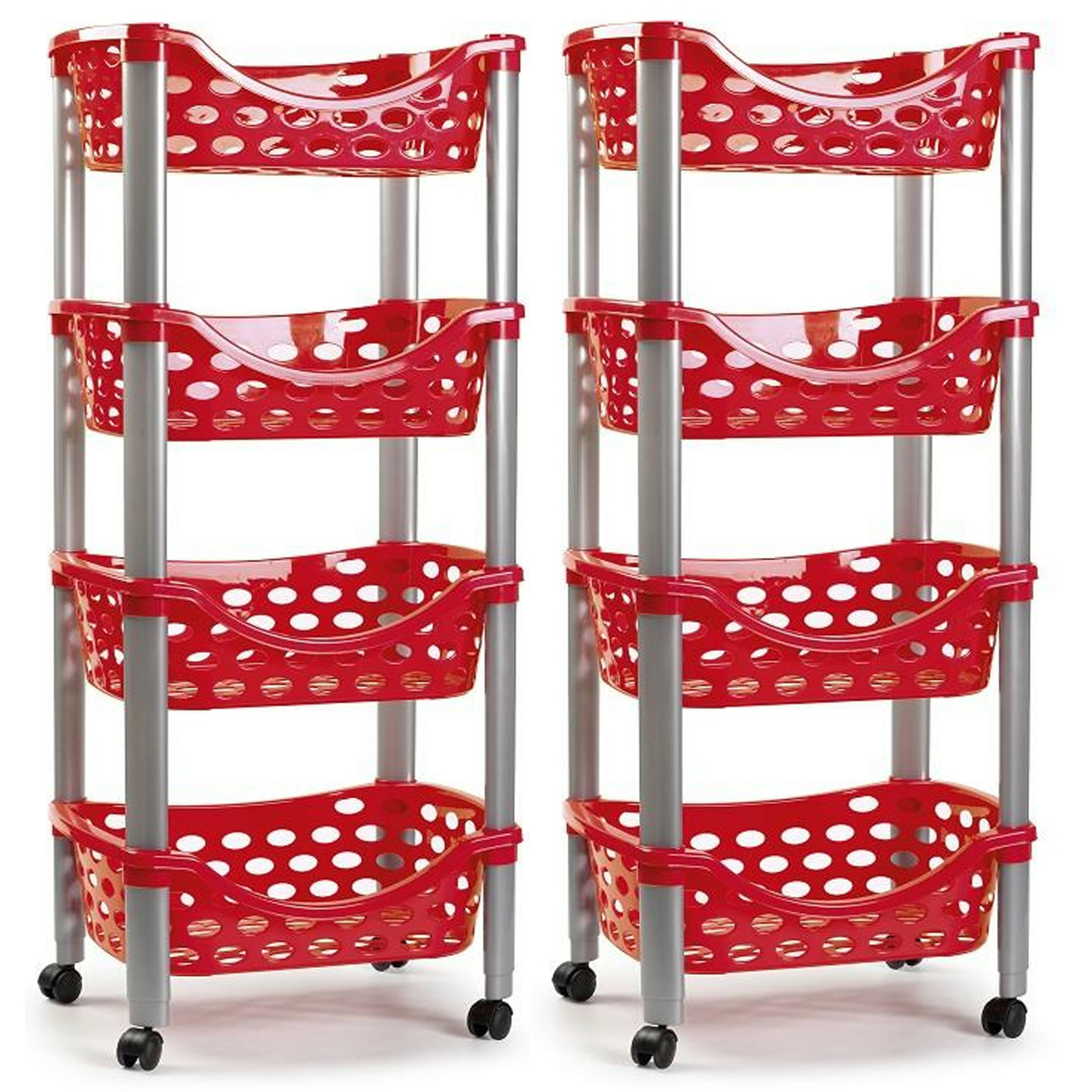 Set van 2x keukentrolley-roltafel 4 laags kunststof rood 40 x 88 cm