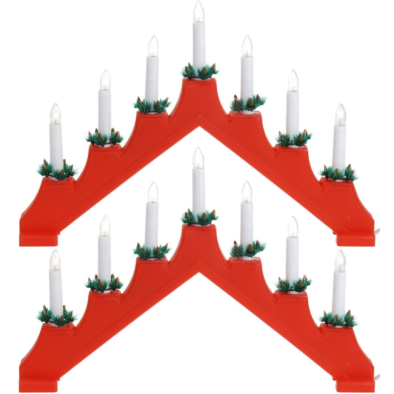 Set van 2x rode kaarsenbruggen met 7 lampjes 41 x 30 cm