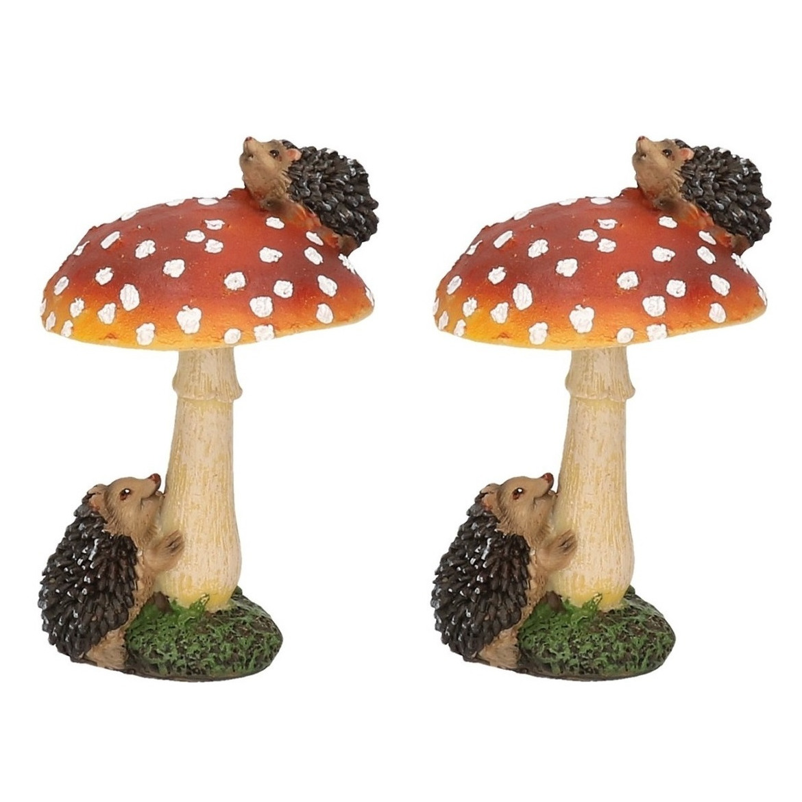 Set van 2x stuks decoratie huis-tuin beeldje paddenstoelen met egeltjes 11 cm