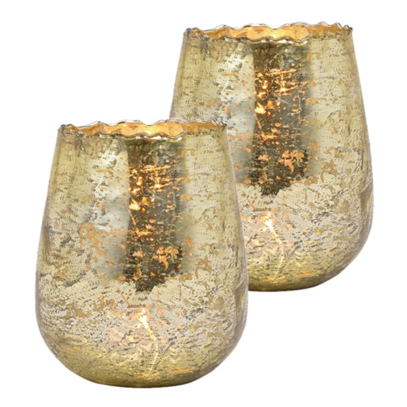 Set van 2x stuks glazen design windlicht-kaarsenhouder champagne goud 12 x 15 x 12 cm