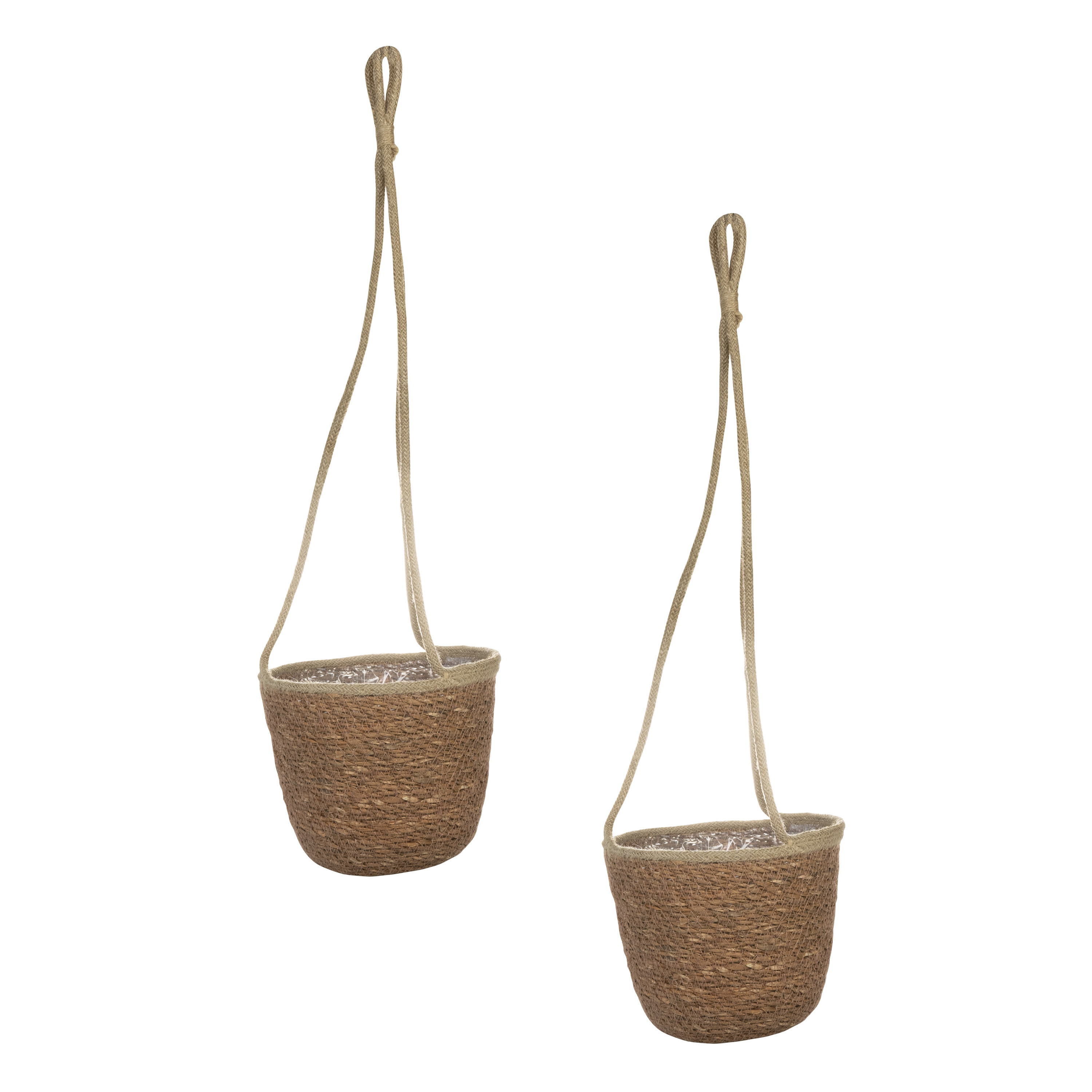 Set van 2x stuks hangende plantenpot-bloempot van jute-zeegras dia 19 cm en hoogte 17 cm camel bruin