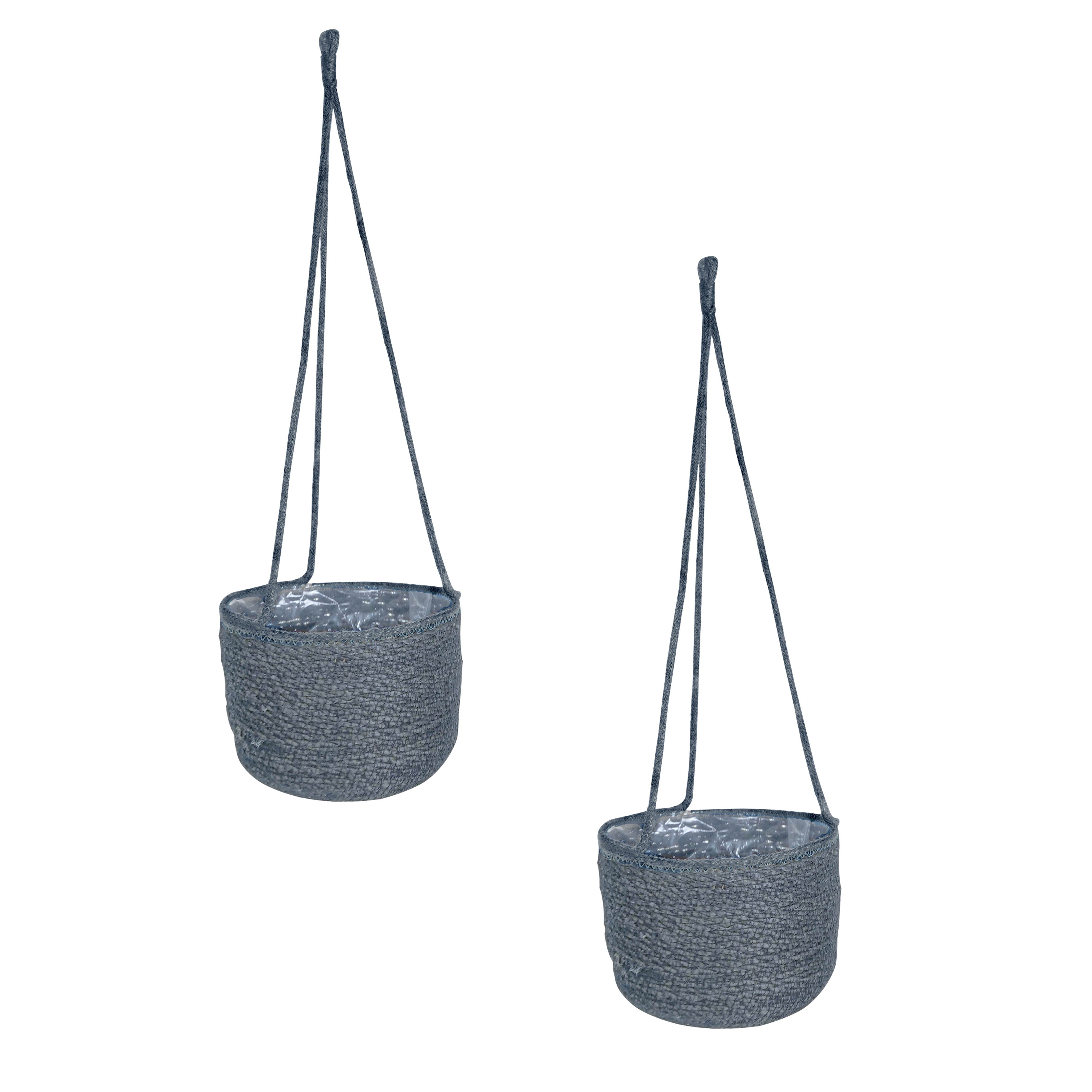 Set van 2x stuks hangende plantenpot-bloempot van jute-zeegras diameter 17 cm en hoogte 14 cm grijs