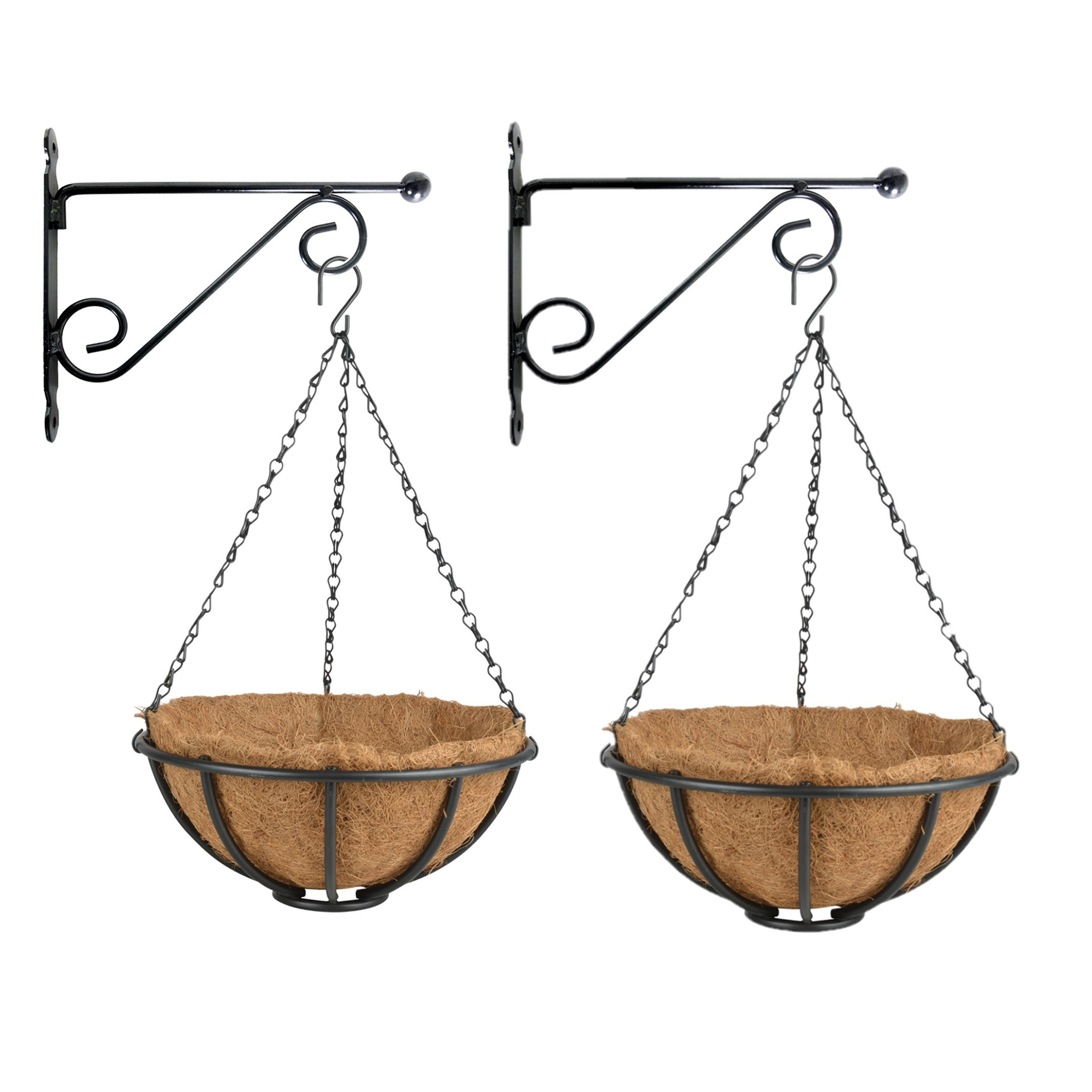 Esschert Design Set van 2x stuks Hanging baskets 30 cm met muurhaken - Complete hangmand set van metaal