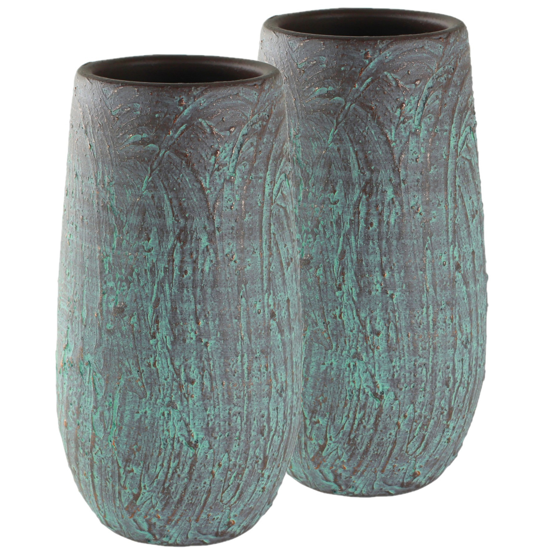 Set van 2x stuks hoge bloempotten-plantenpotten vaas van keramiek antiek brons D17 en H30 cm