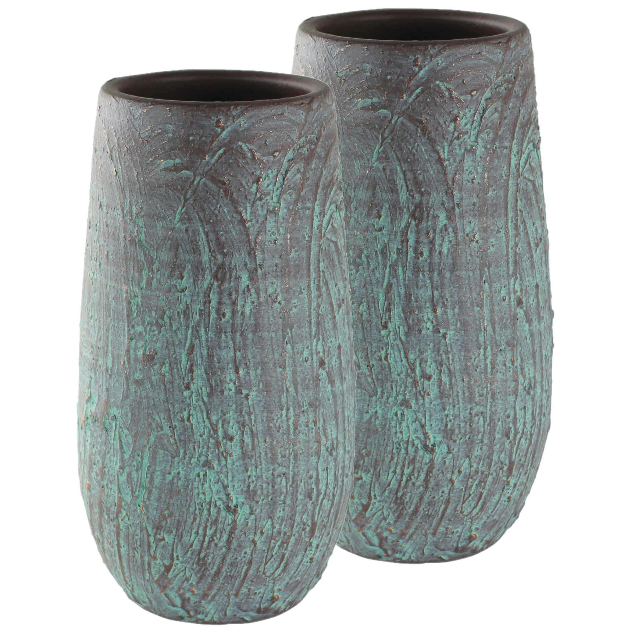 Set van 2x stuks hoge bloempotten-plantenpotten vaas van keramiek antiek brons D17 en H37 cm
