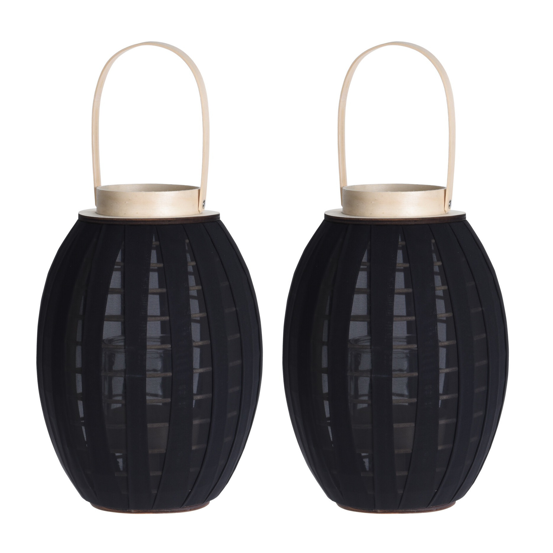 Set van 2x stuks houten kaarsenhouder-lantaarn met stof zwart 34 cm