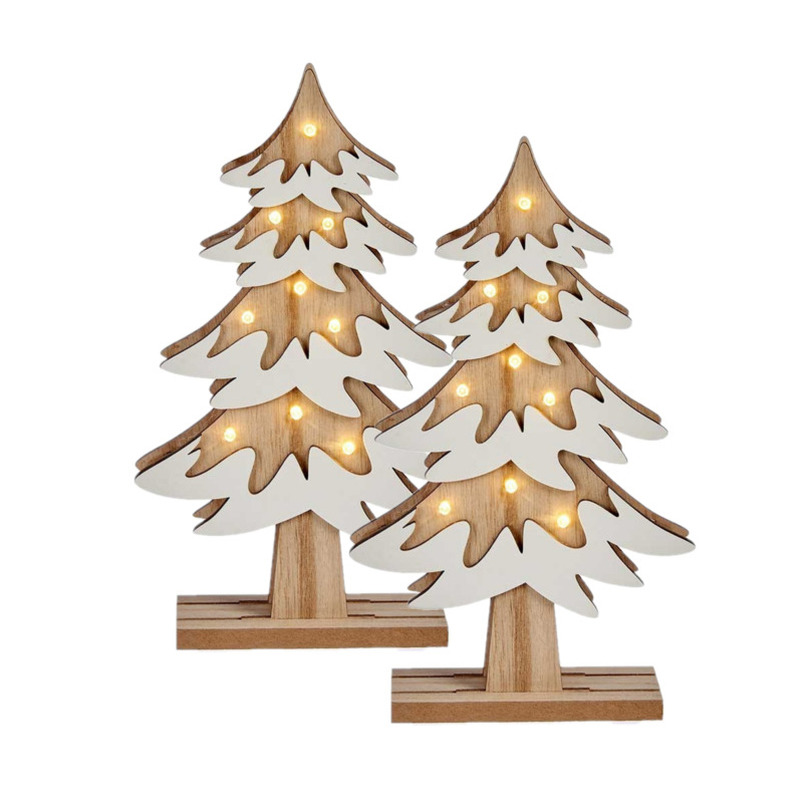 Set van 2x stuks houten kerstboompjes decoratie van 25 cm met LED verlichting