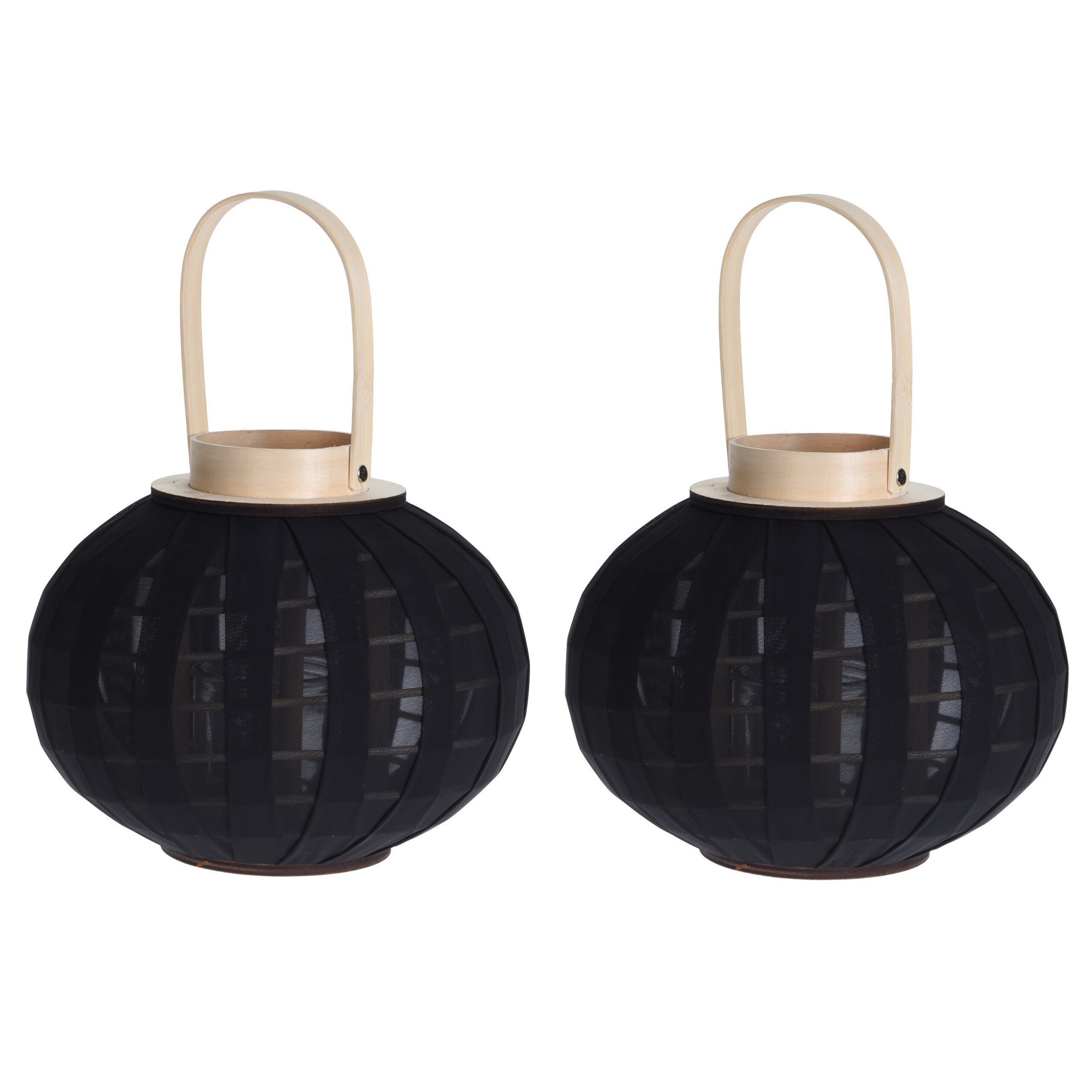 Set van 2x stuks houten theelichthouder-lantaarn met stof zwart 21 cm