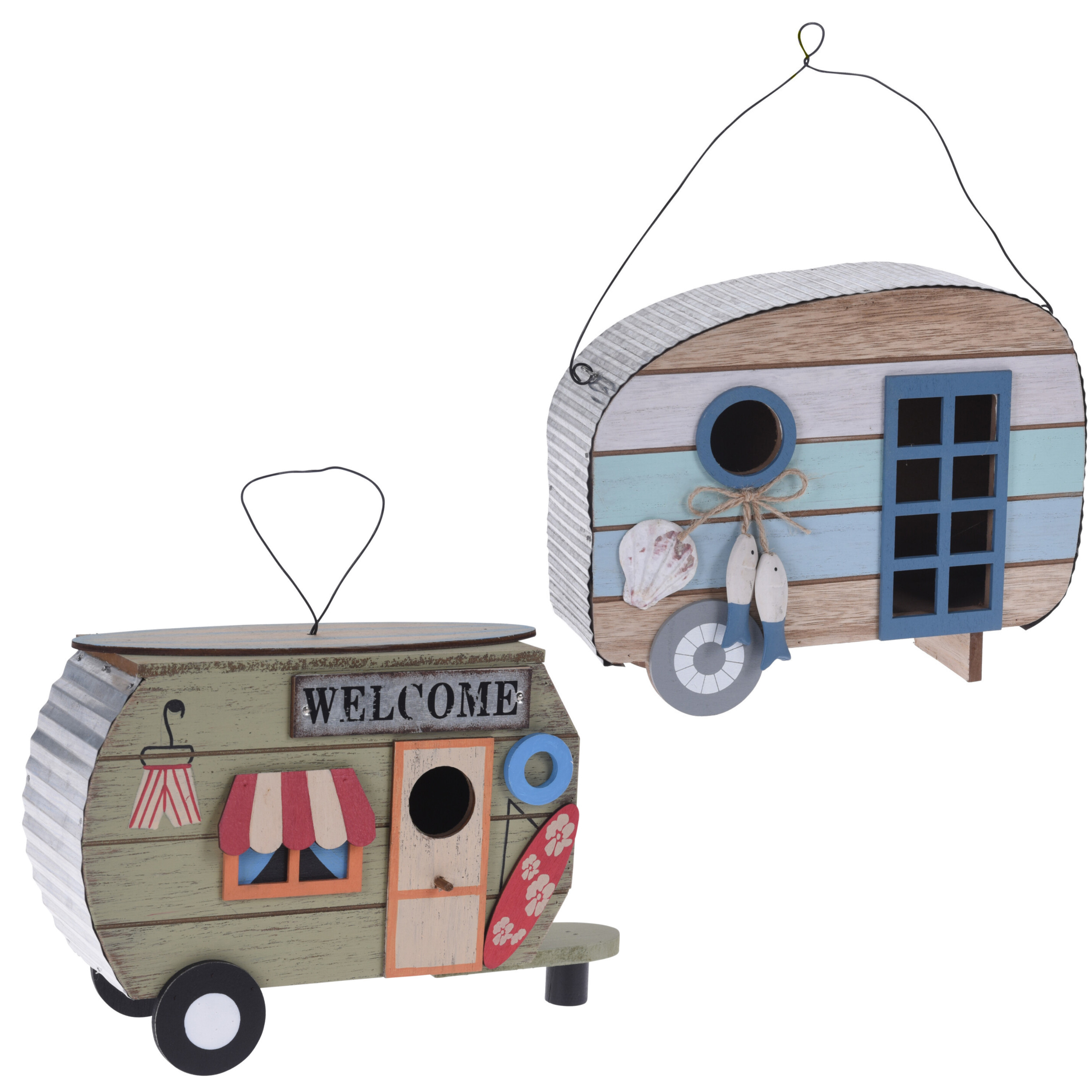 Set van 2x stuks houten vogel voeder huisjes voor pindas-vetbollen caravan blauw en groen