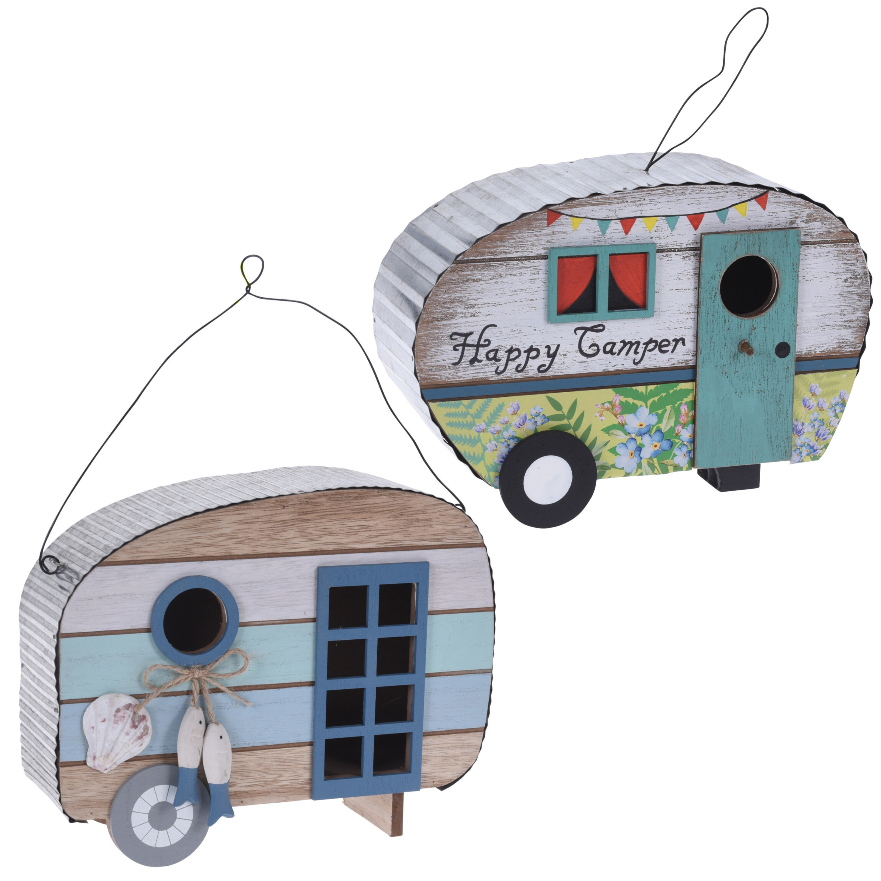 Set van 2x stuks houten vogel voeder huisjes voor pindas-vetbollen caravan blauw en wit