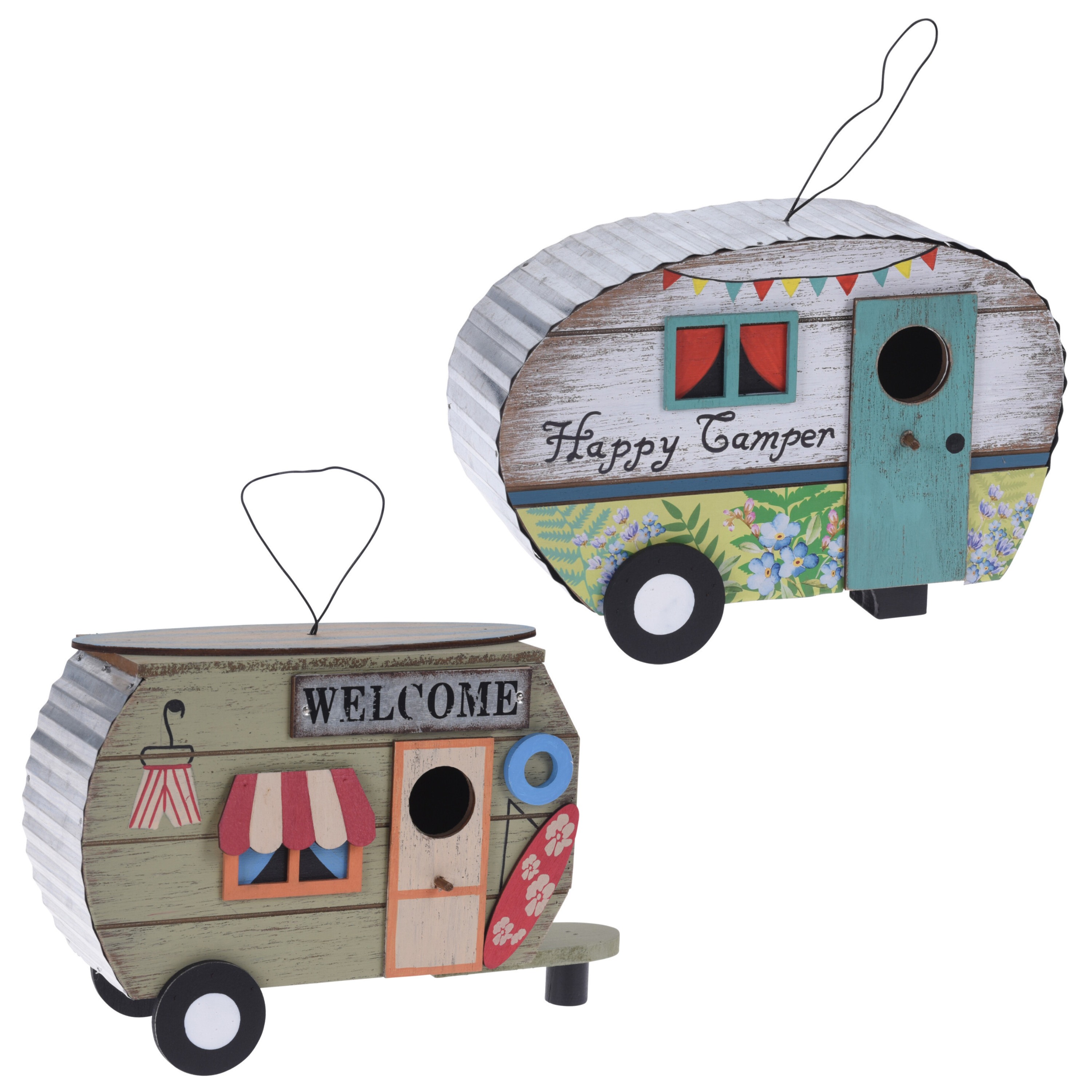 Set van 2x stuks houten vogel voeder huisjes voor pindas-vetbollen caravan wit en groen