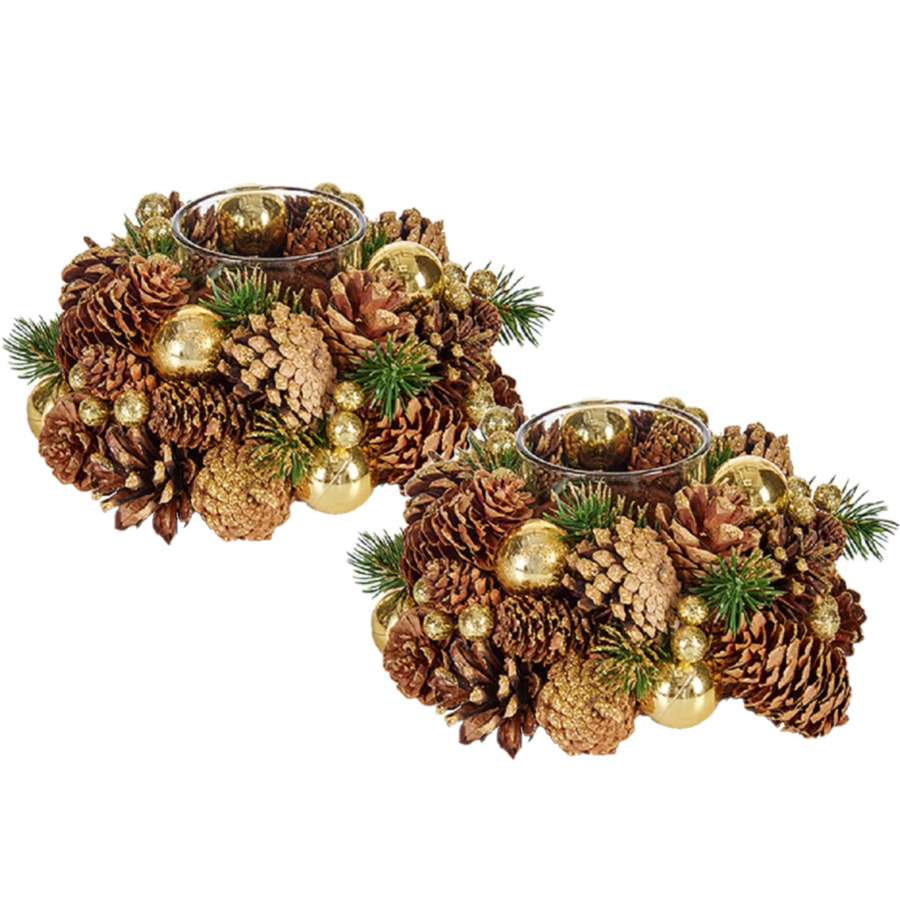 Set van 2x stuks kerst thema kaarsenhouders ornament bruin met goud nature 18 cm - kaarsjes branden tafel decoratie