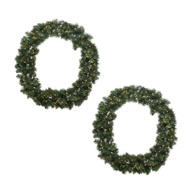Set van 2x stuks kerstkransen-dennenkransen groen met warm witte verlichting en timer 60 cm