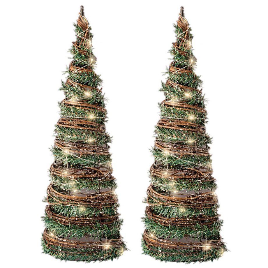 Set van 2x stuks kerstverlichting figuren Led kegels kerstboom rotan lampen 40 cm - Verlichte kegels/kegelvorm bomen
