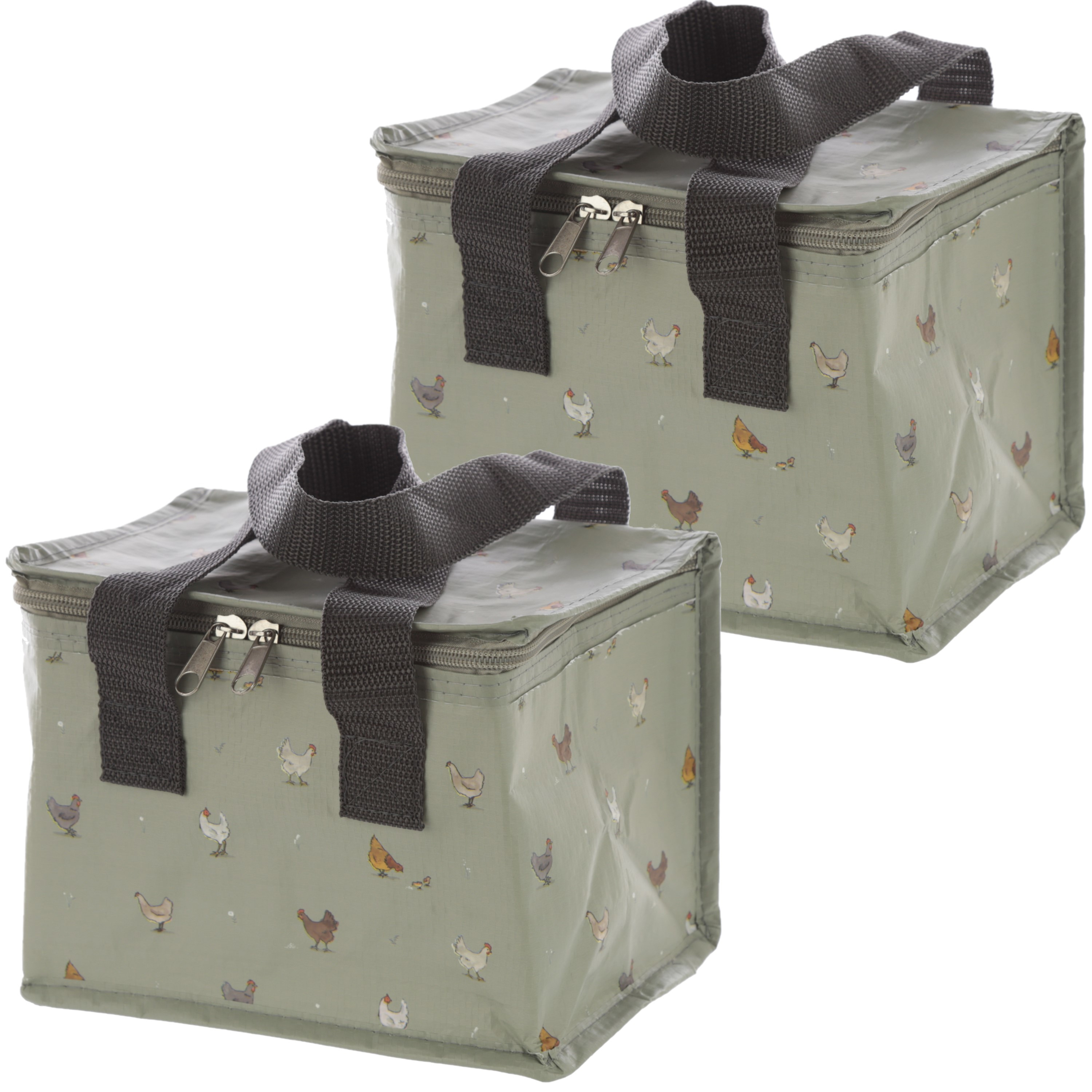 Set van 2x stuks kleine koeltassen voor lunch grijs met kippen print 16 x 21 x 14 cm 4,7 liter