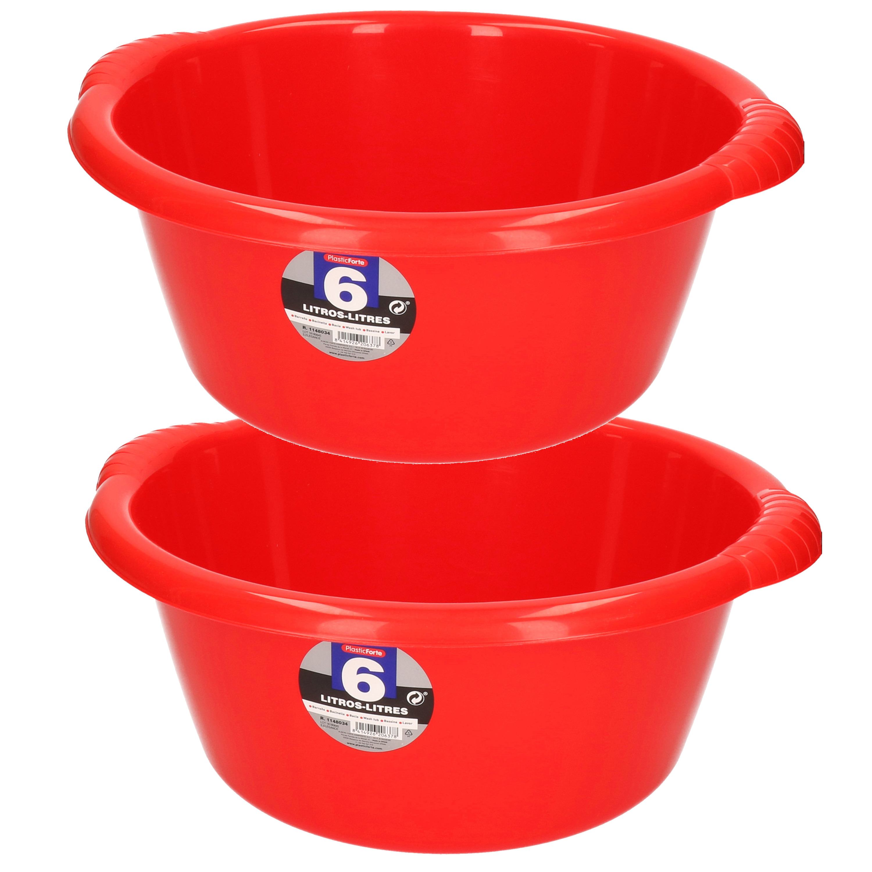 Set van 2x stuks kunststof teiltjes-afwasbakken rond 6 liter rood