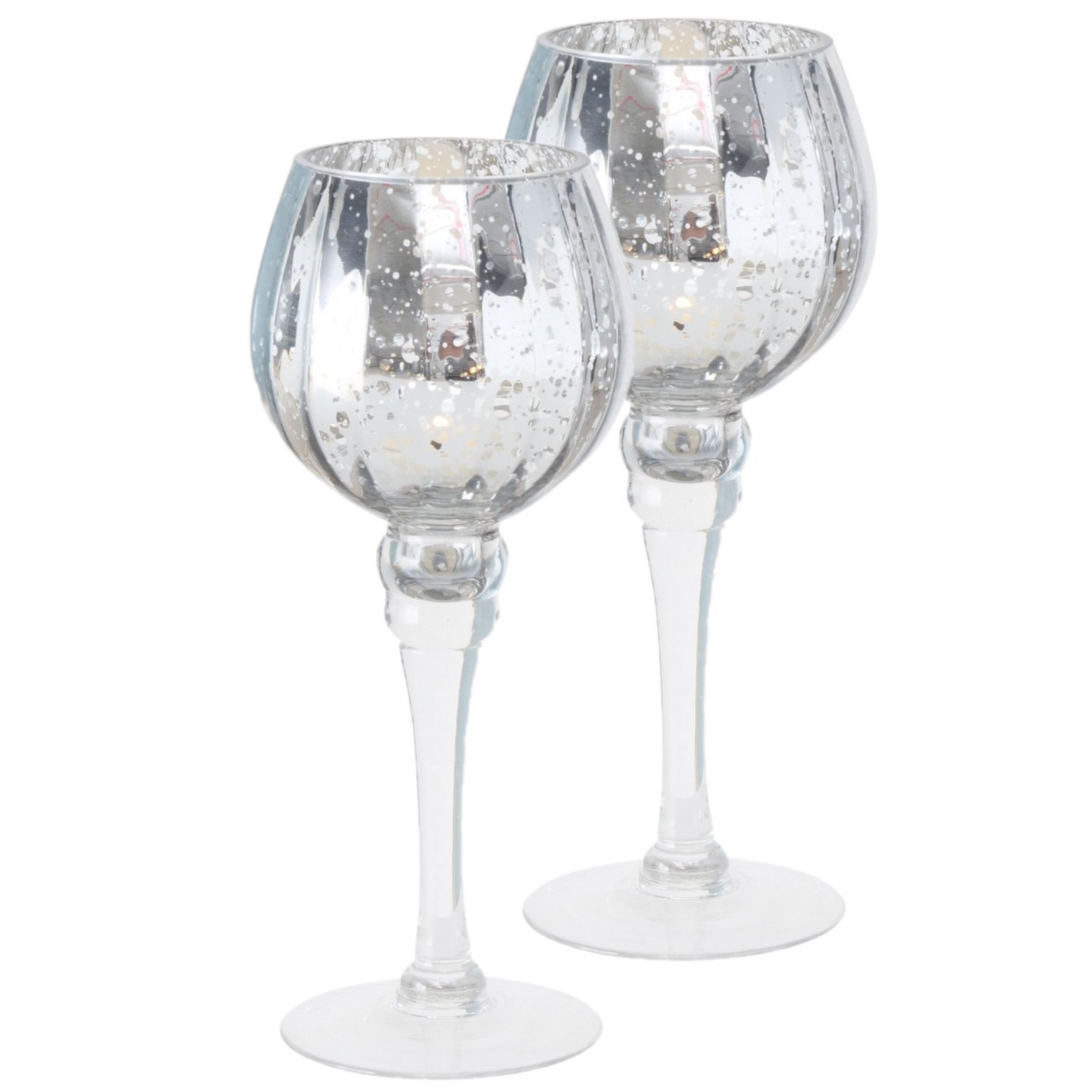 Set van 2x stuks luxe glazen design kaarsenhouder/windlicht metallic zilver transparant 25 cm -