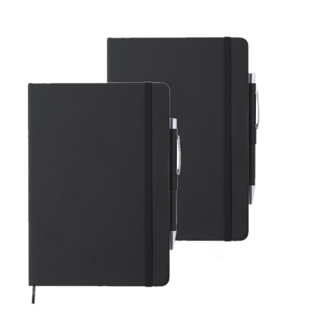 Set van 2x stuks luxe notitieboekje zwart met elastiek en pen A5 formaat