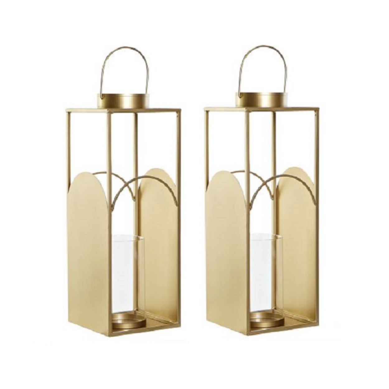 Set van 2x stuks metalen kaarsenhouders-lantaarns goud met glas 45 cm