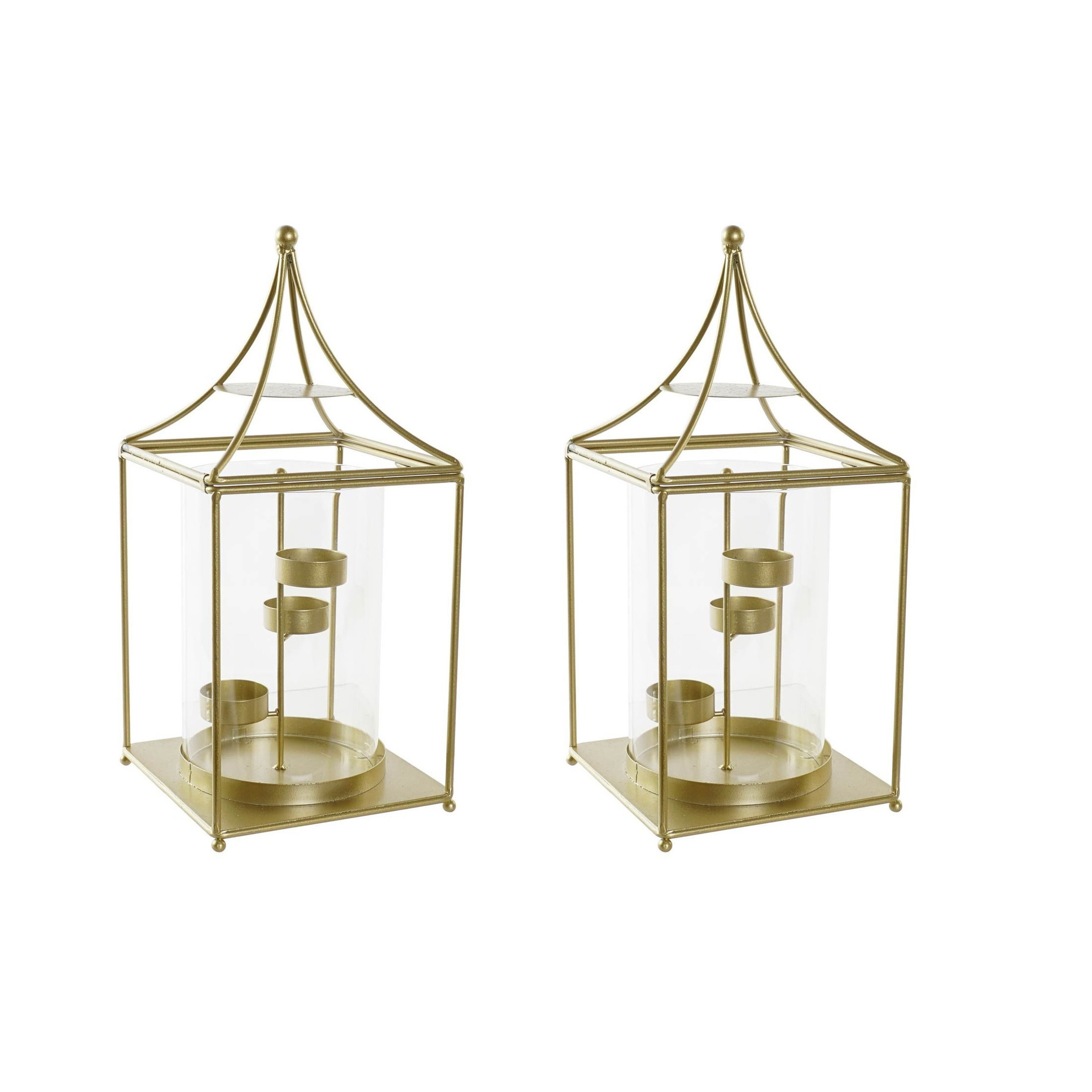 Set van 2x stuks metalen theelichthouders-lantaarns goud met glas 34 cm