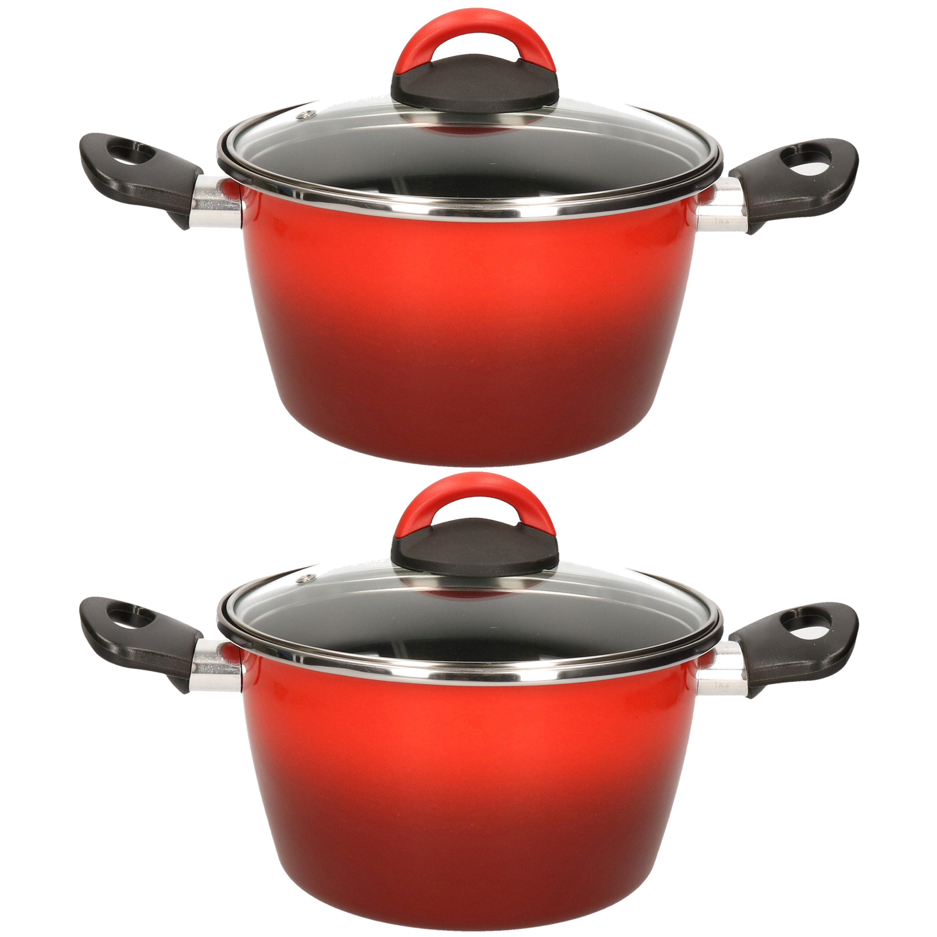 Set van 2x stuks rvs rode kookpan-pan met glazen deksel 20 cm 6 liter