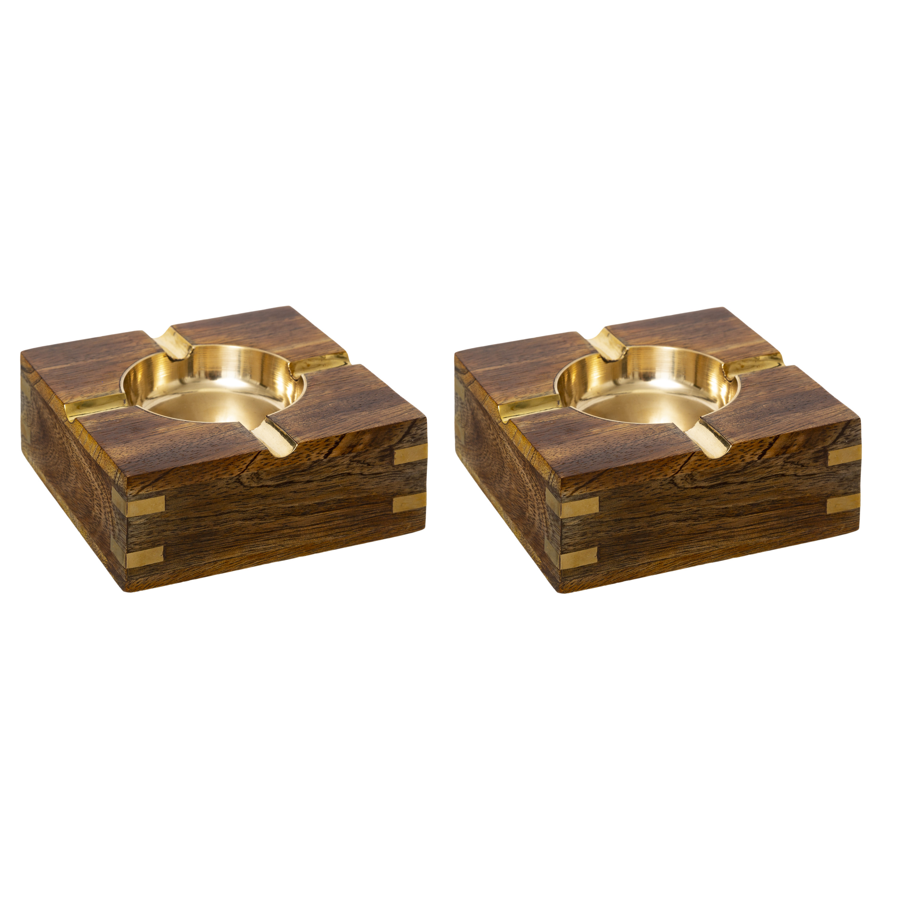 Set van 2x stuks terras asbakken vierkant metaal-hout 10 x 4 cm goud