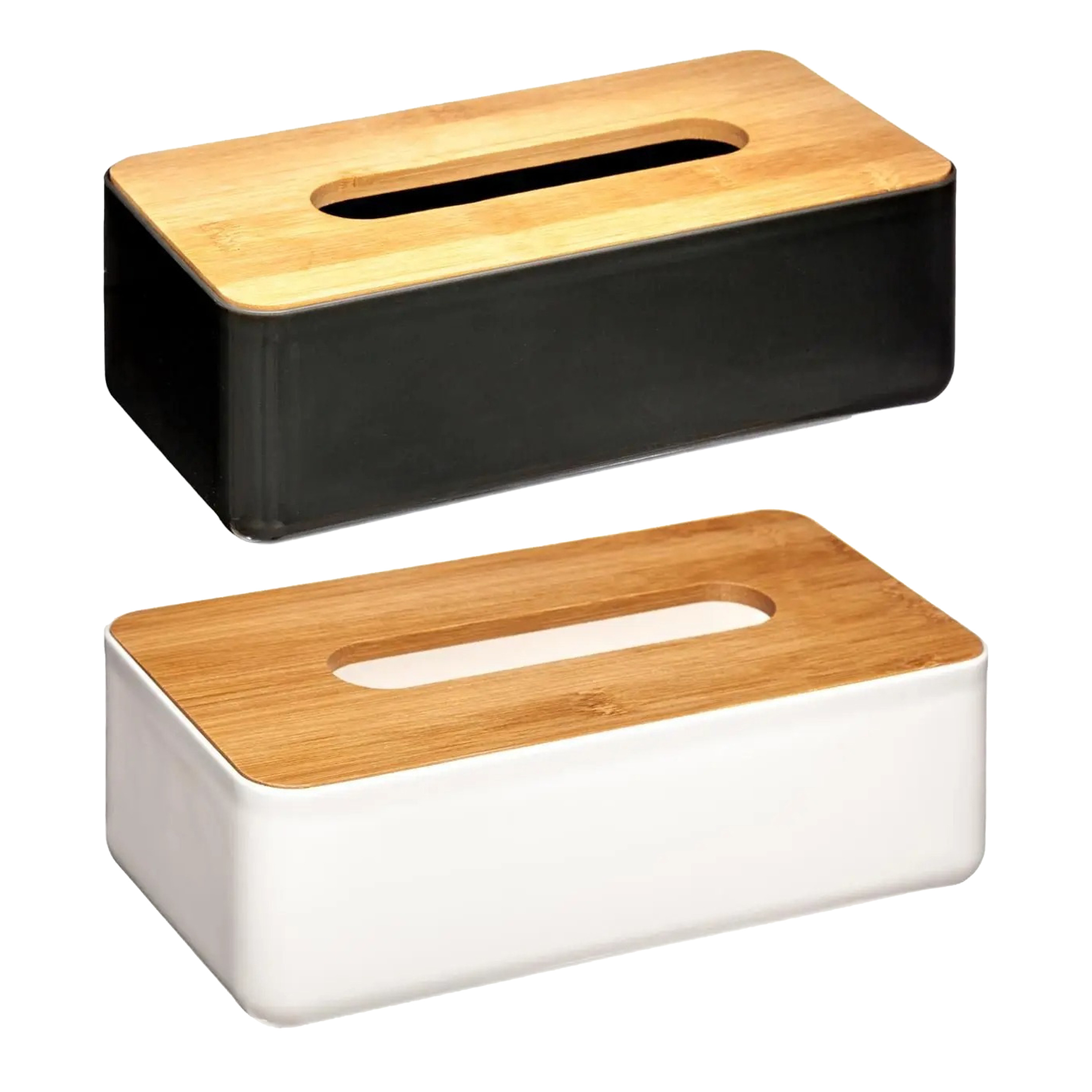 Set van 2x stuks tissuedozen-tissueboxen kunststof met bamboe deksel wit en zwart
