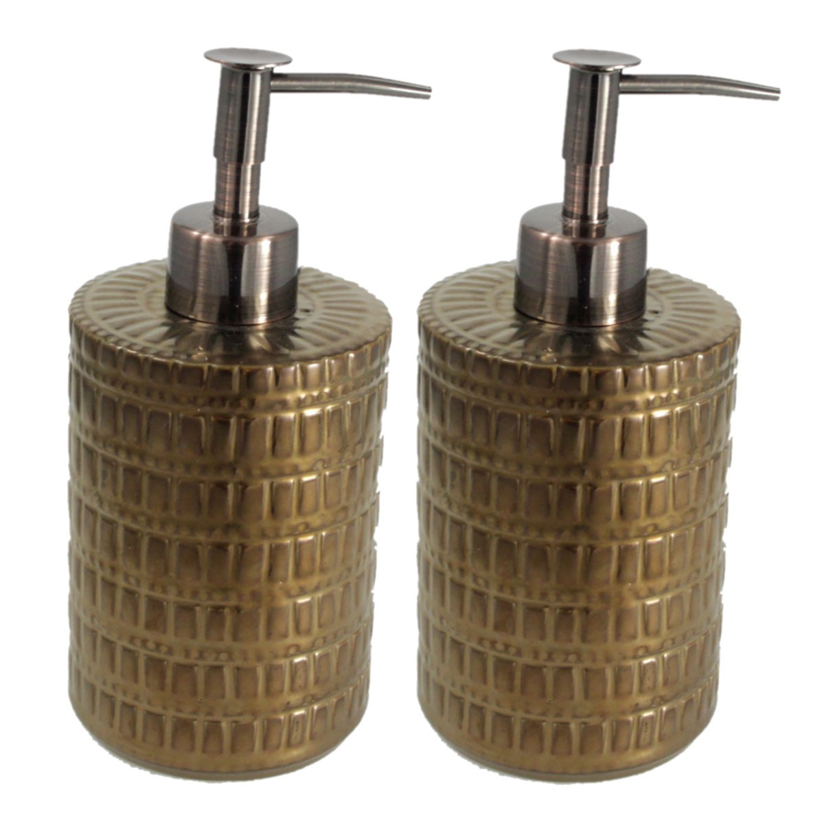 Set van 2x stuks zeeppompjes-zeepdispensers brons keramiek 20 cm