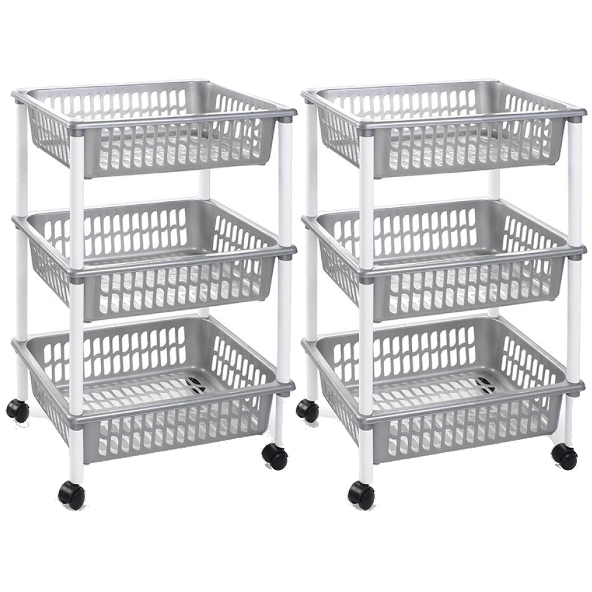 Set van 2x stuks zilveren opberg trolleys-roltafels met 3 manden 62 cm