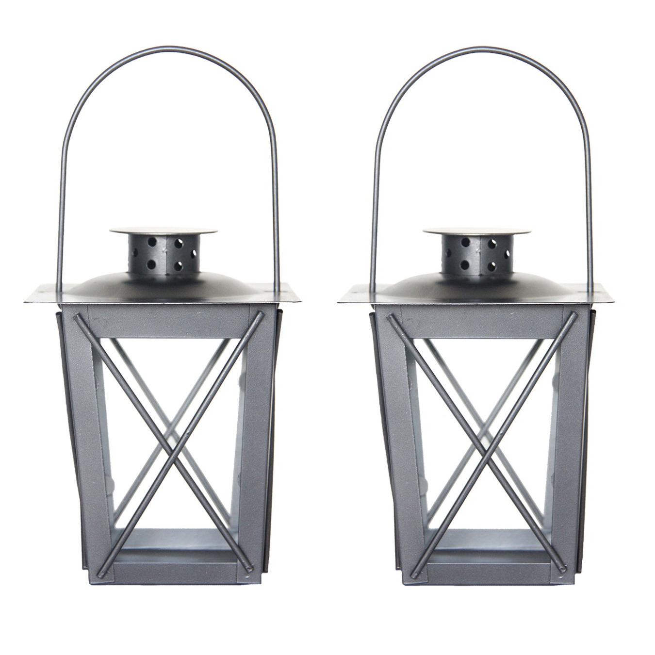 Set van 2x stuks zilveren tuin lantaarn-windlicht van ijzer 12 x 12 x 16 cm
