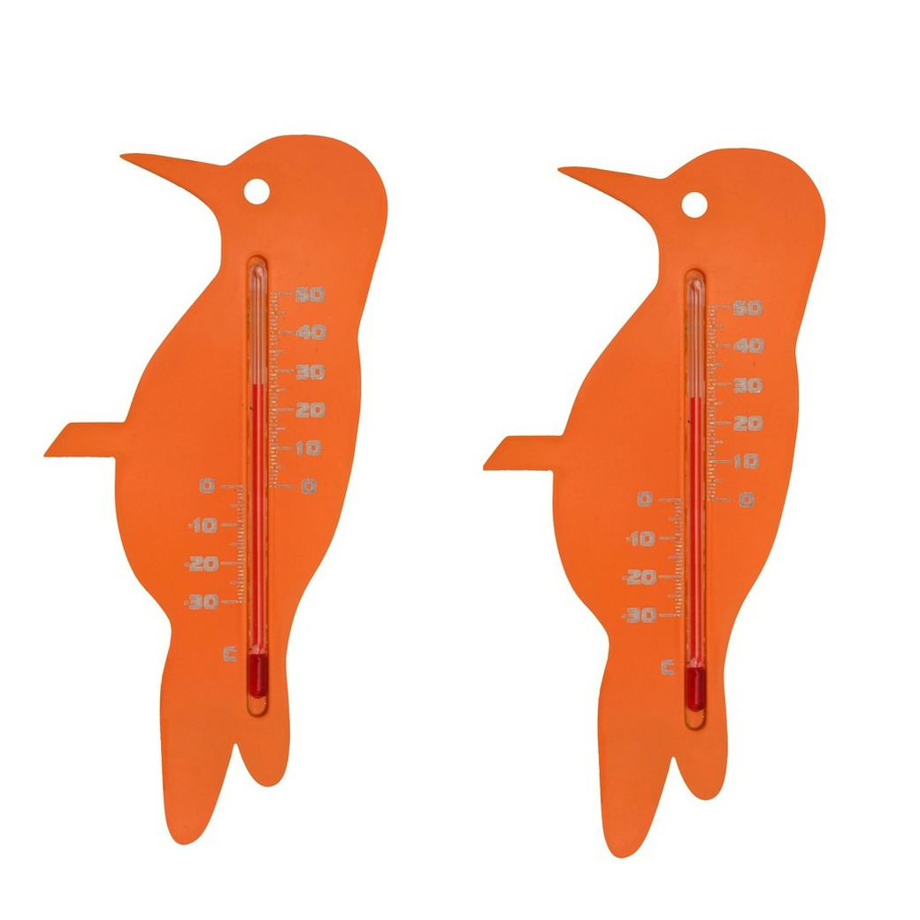 Set van 2x thermometer voor binnen en buiten oranje specht vogel 15 cm