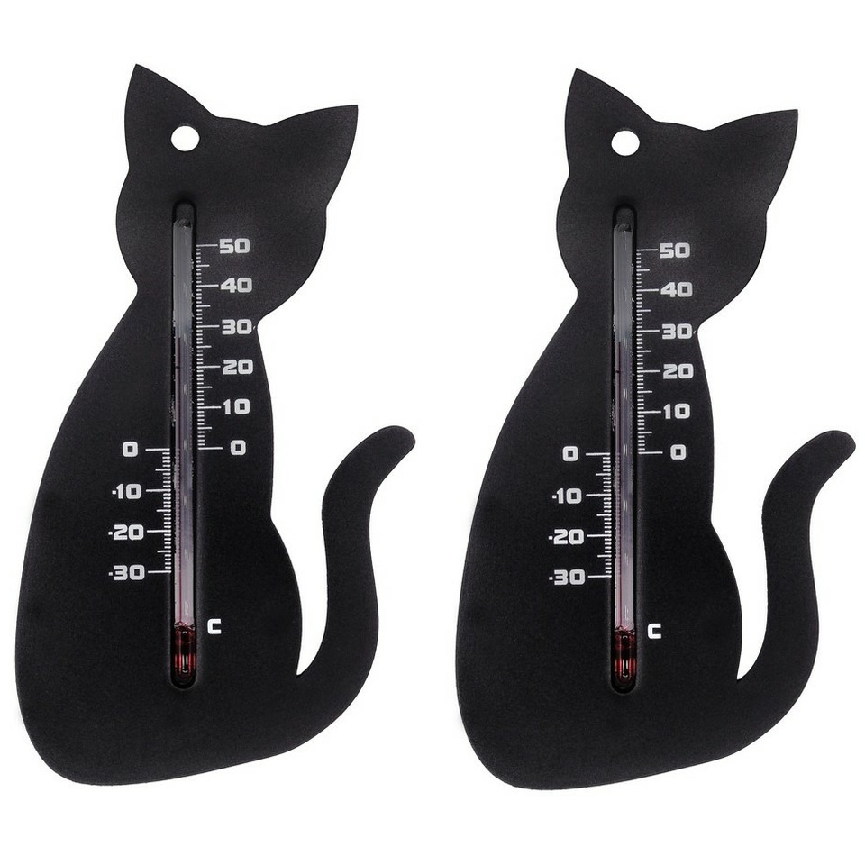 Set van 2x thermometer voor binnen en buiten zwarte kat 15 cm