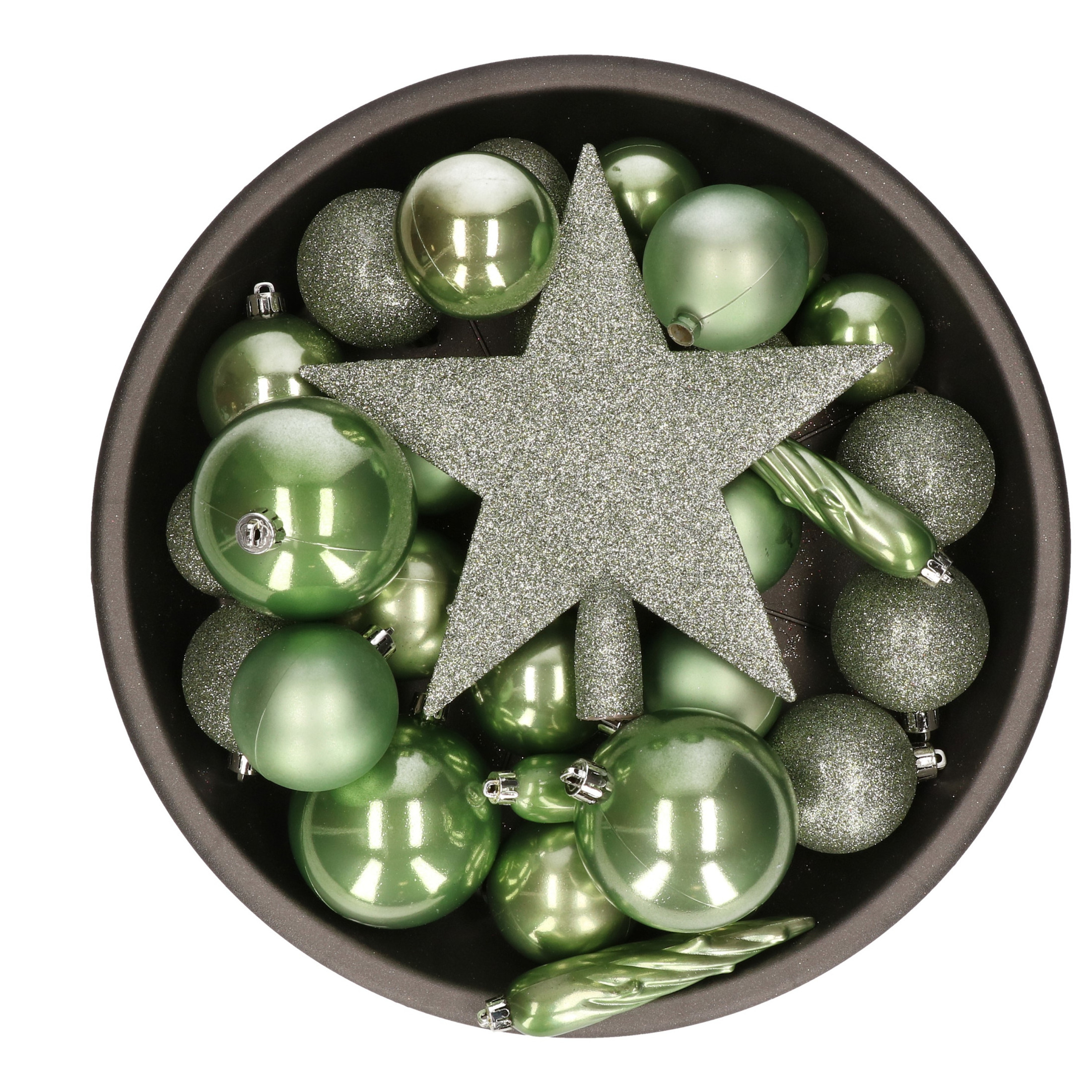 Set van 33x stuks kunststof kerstballen met ster piek salie groen mix