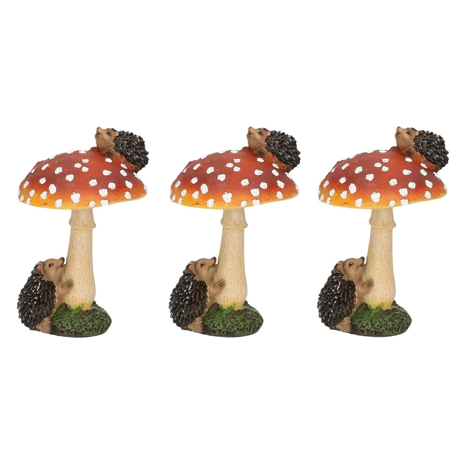 Set van 3x stuks decoratie huis-tuin beeldjes paddenstoel met egeltjes 11 cm