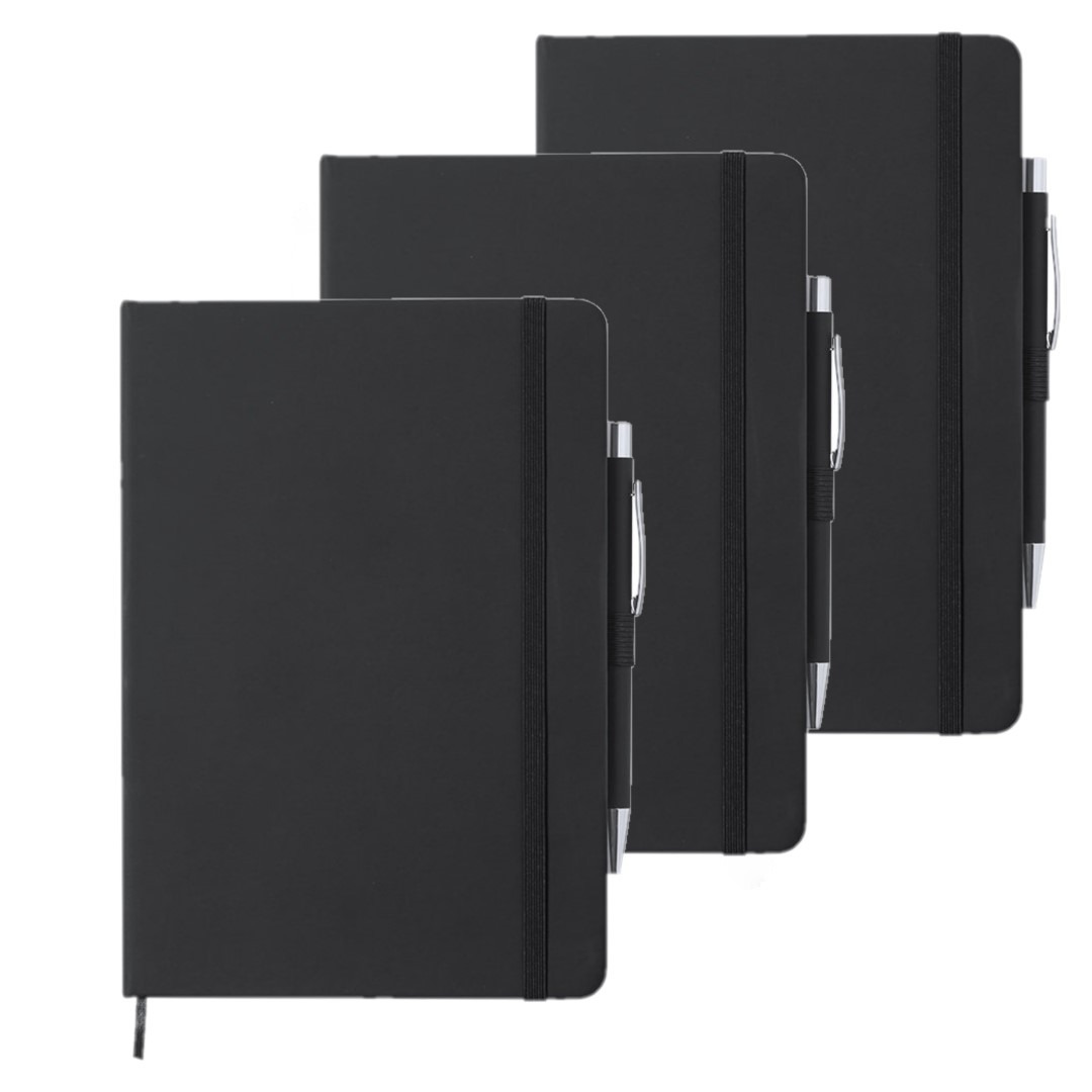 Set van 3x stuks luxe notitieboekje zwart met elastiek en pen A5 formaat