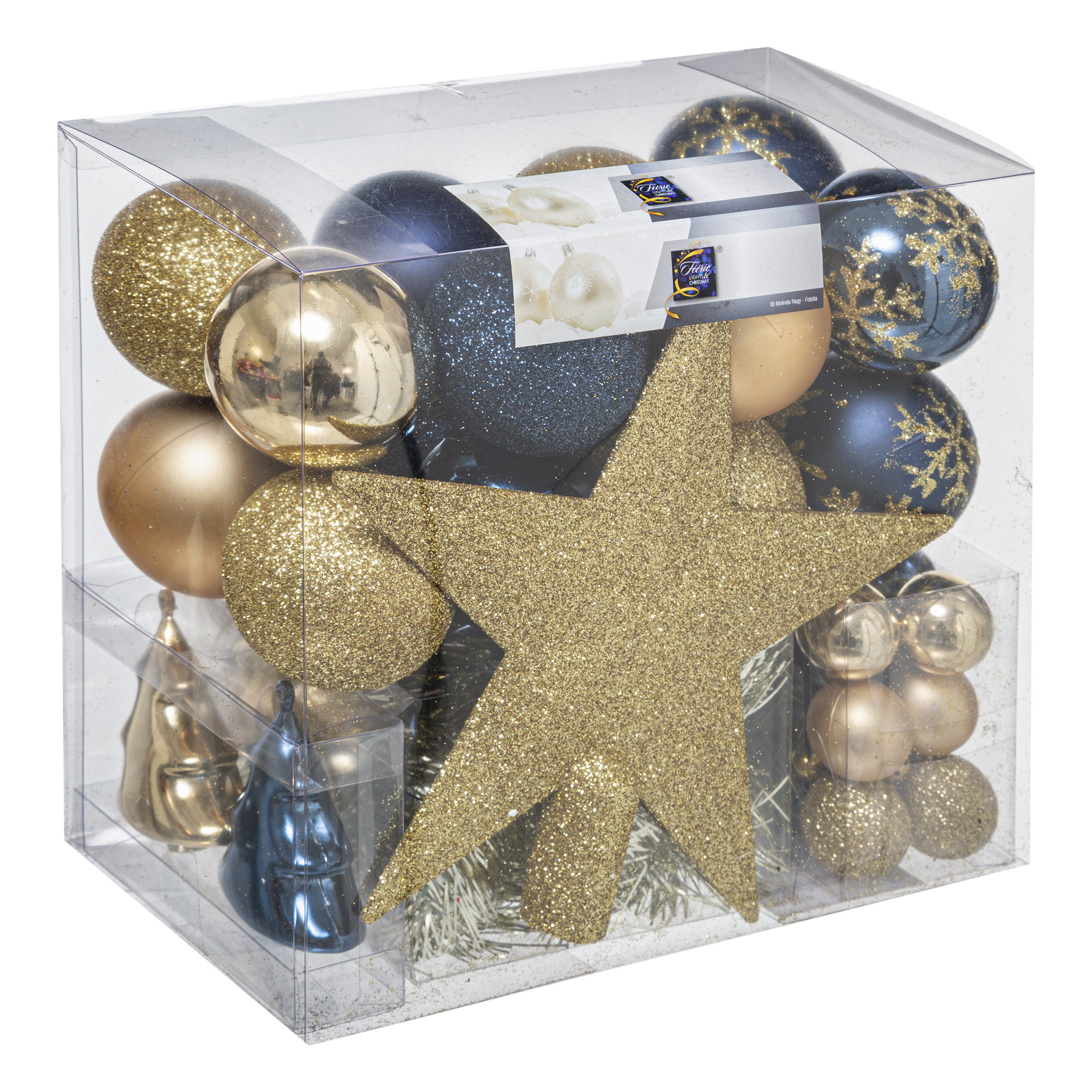 Set van 43x stuks kunststof kerstballen met ster piek champagne-blauw mix