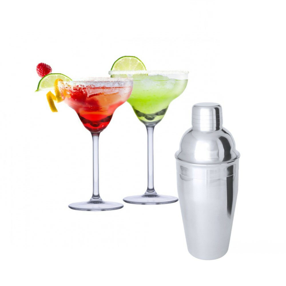 Set van 4x Margarita cocktailglazen met cocktailshaker semi-mat RVS